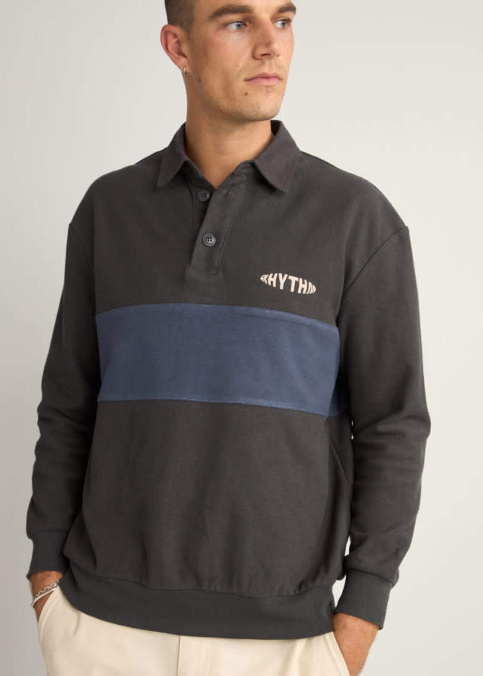 Rhythm Terry Vintage LS Rugby Shirt - Charcoal