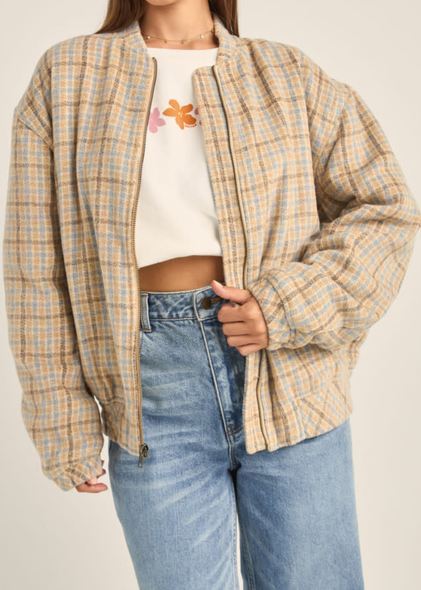 Rhythm Luca Oversized Check Bomber Jacket - Blue