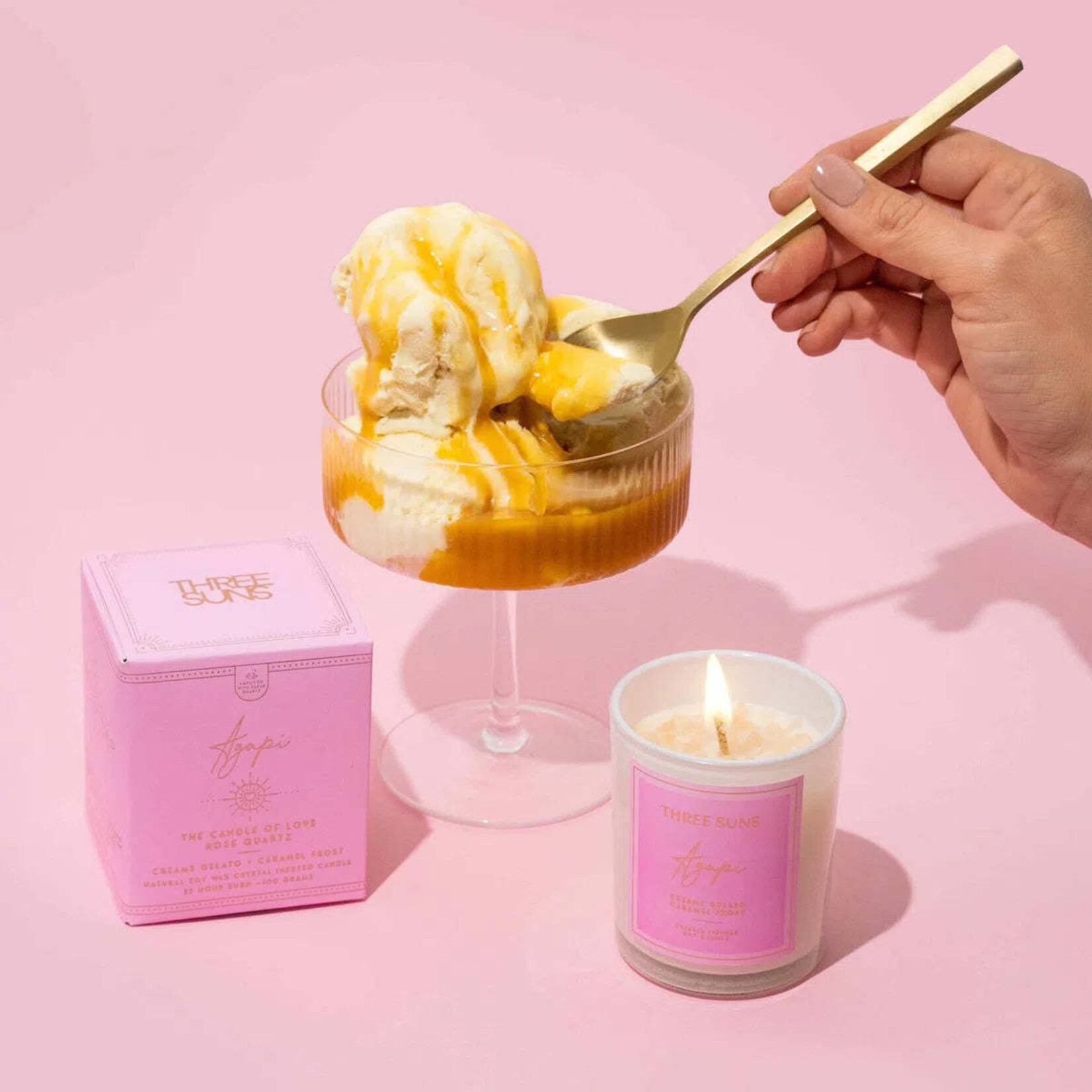 Three Suns MINI Agapi' | Crystal Infused Candle of Love | Creamy Vanilla Gelato & Caramel Frost