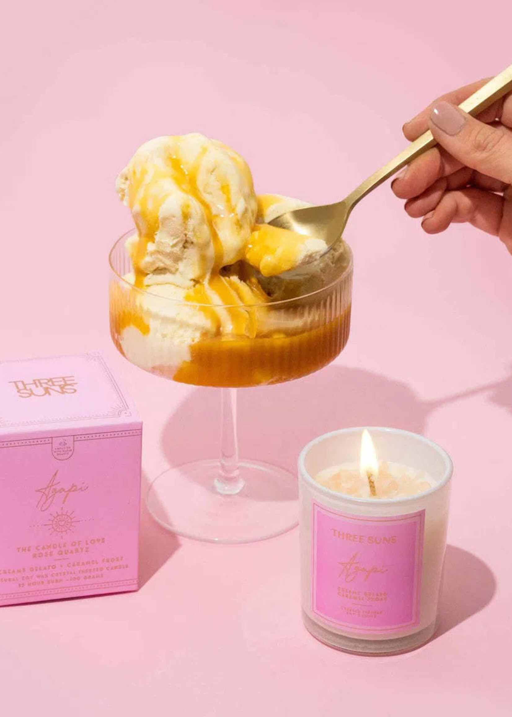 Three Suns MINI Agapi' | Crystal Infused Candle of Love | Creamy Vanilla Gelato & Caramel Frost