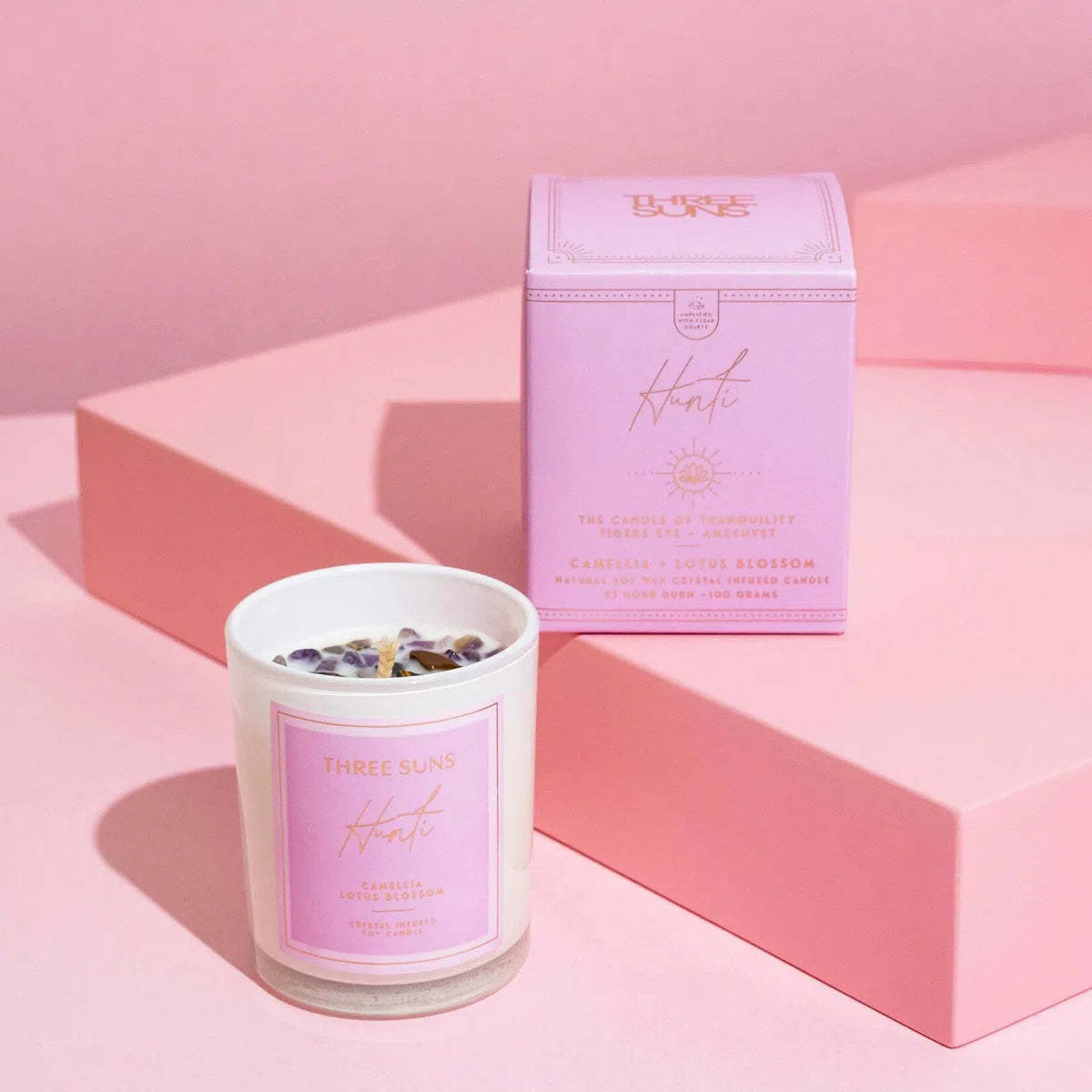 Three Suns MINI Hunti' | Crystal Infused Candle of Tranquility | Camellia + Lotus Blossom