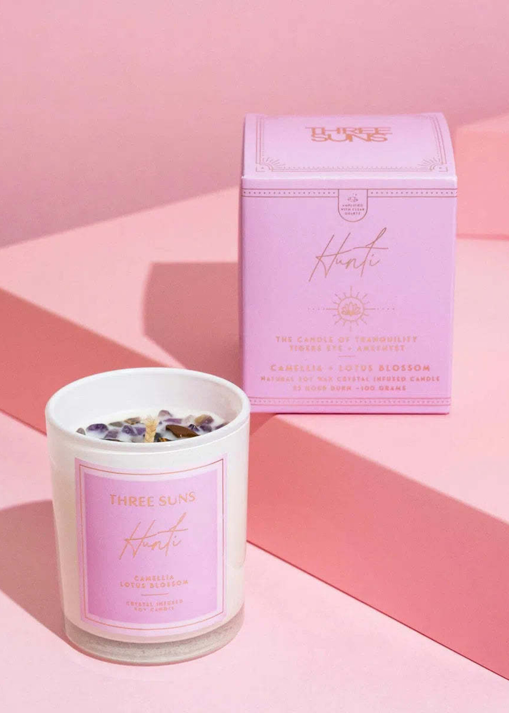 Three Suns MINI Hunti' | Crystal Infused Candle of Tranquility | Camellia + Lotus Blossom