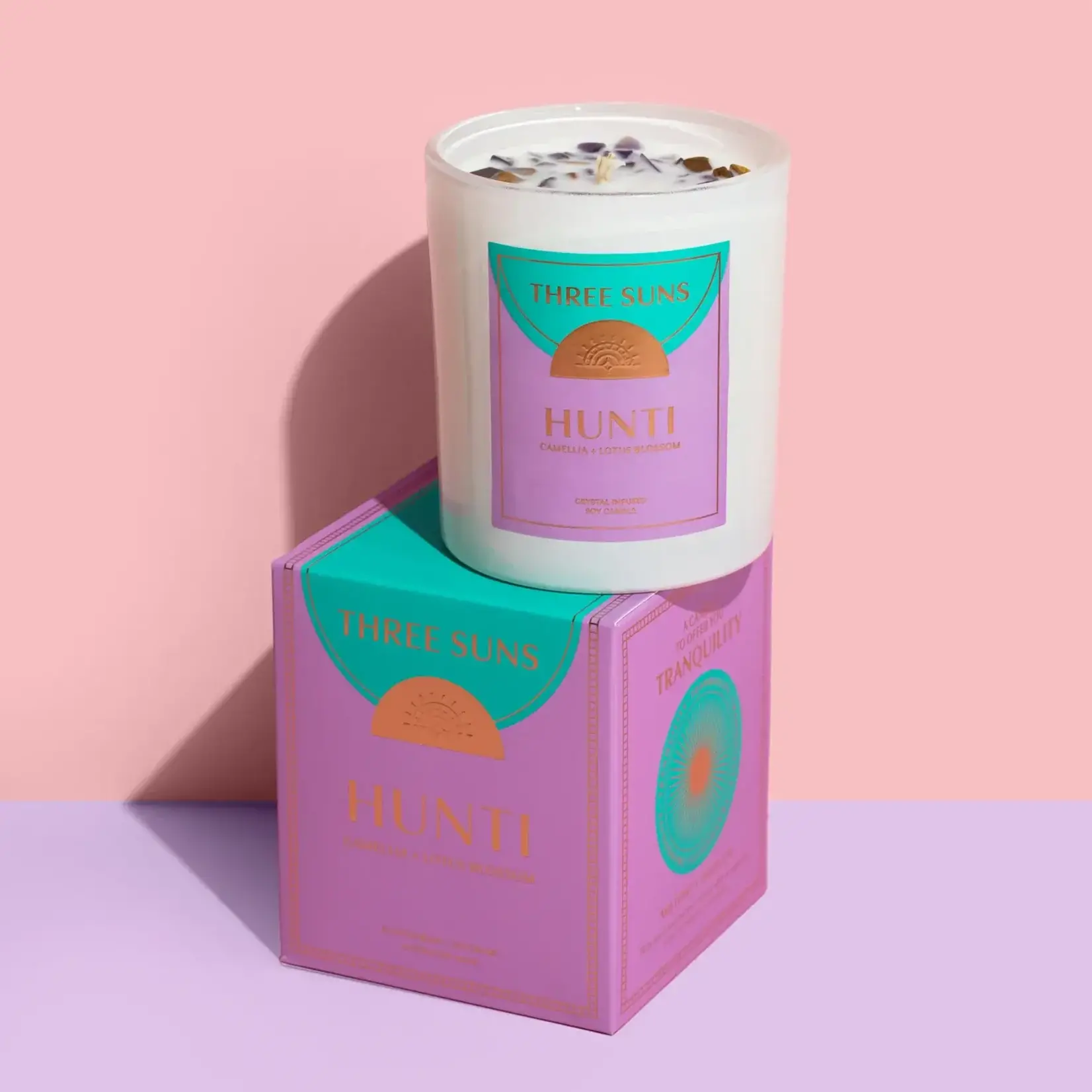Three Suns Hunti' | Crystal Infused Candle of Tranquility | Camellia + Lotus Blossom