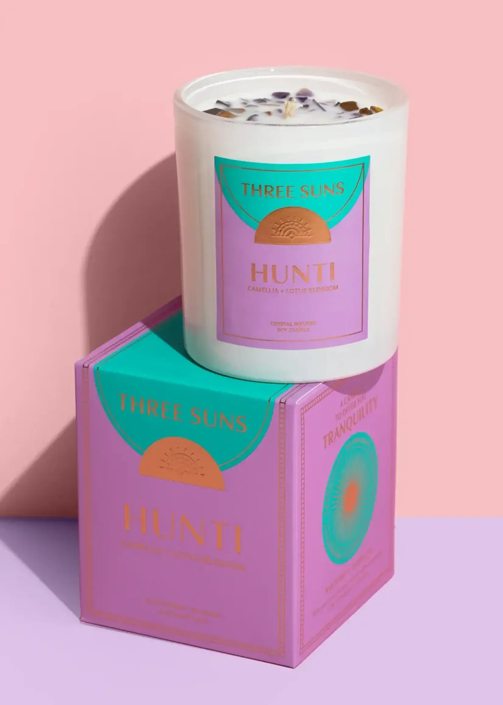 Three Suns Hunti' | Crystal Infused Candle of Tranquility | Camellia + Lotus Blossom