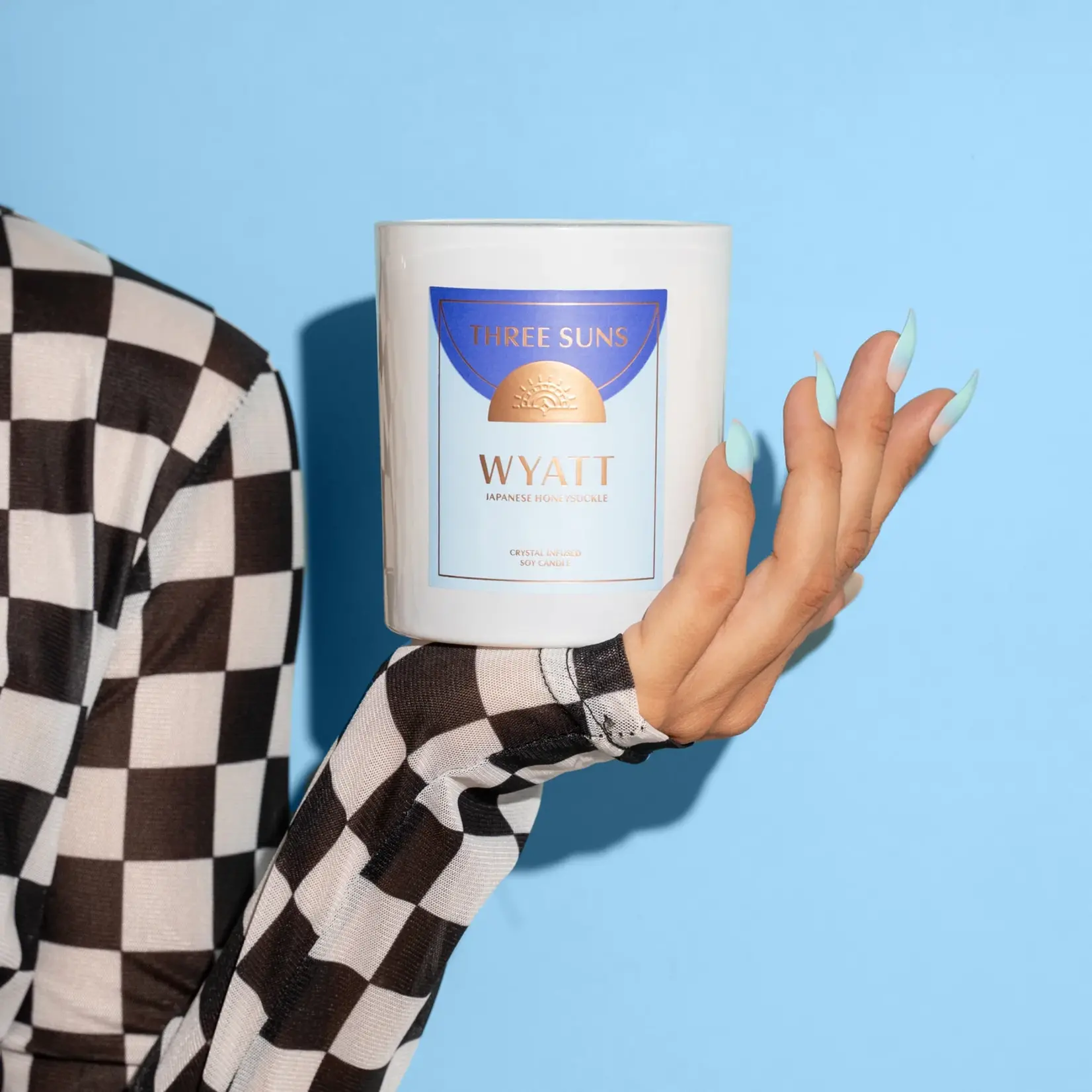 Three Suns Wyatt | Crystal Infused Candle of Strength | Japanese Honeysuckle