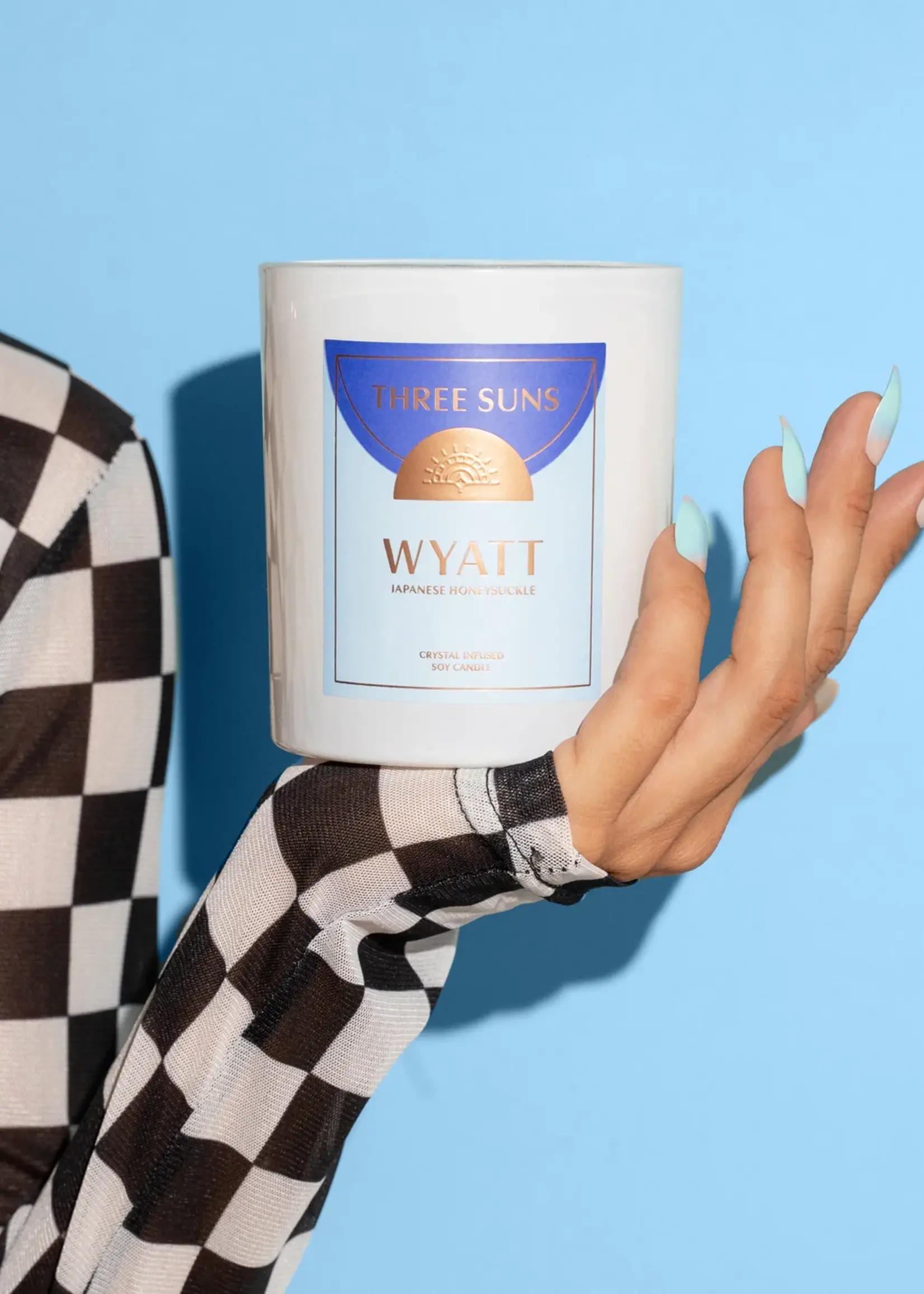 Three Suns Wyatt | Crystal Infused Candle of Strength | Japanese Honeysuckle