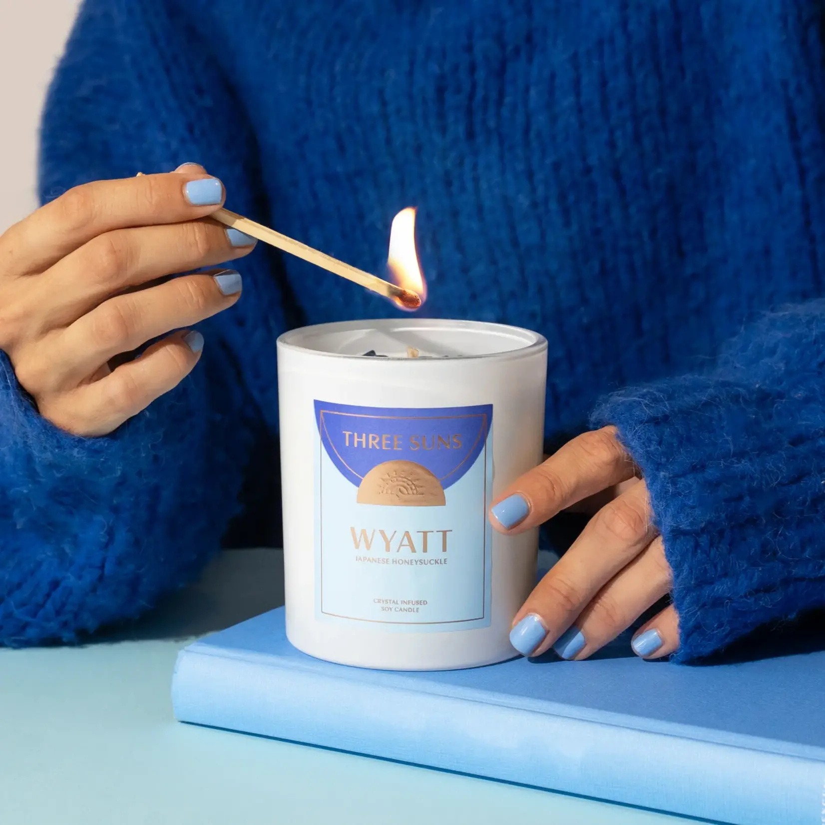 Three Suns Wyatt | Crystal Infused Candle of Strength | Japanese Honeysuckle