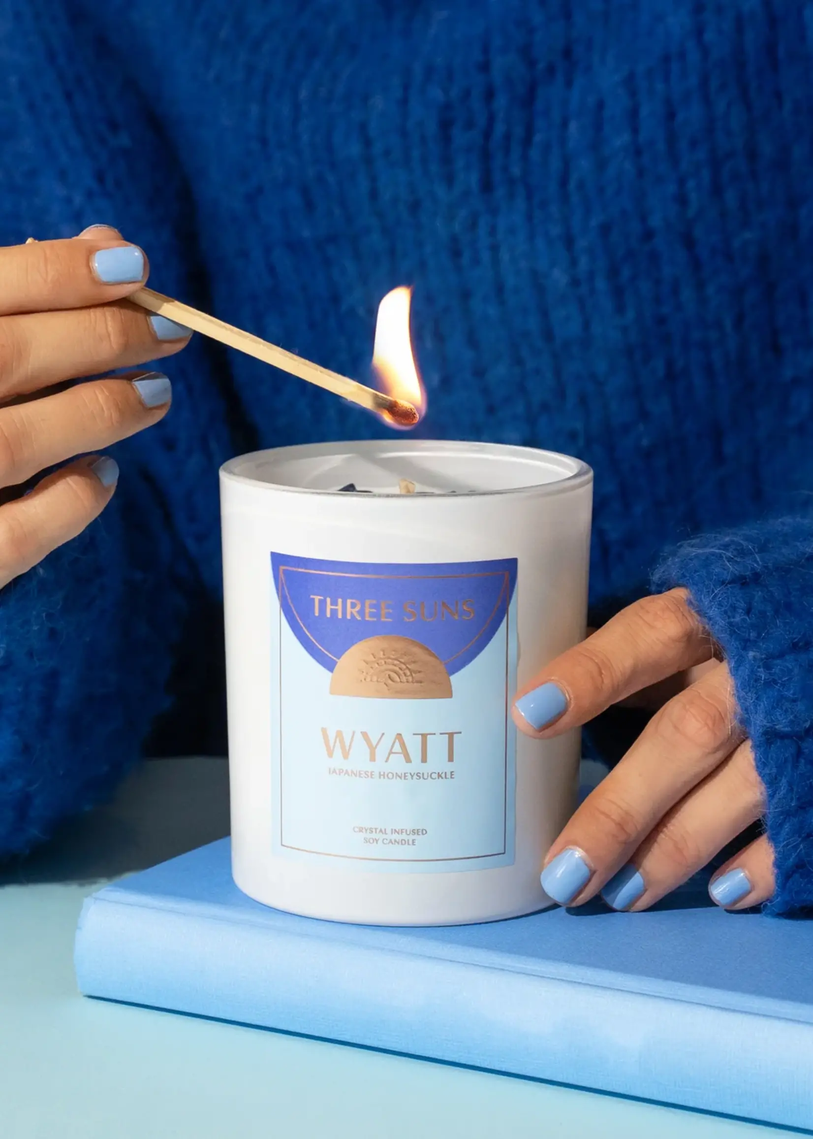 Three Suns Wyatt | Crystal Infused Candle of Strength | Japanese Honeysuckle