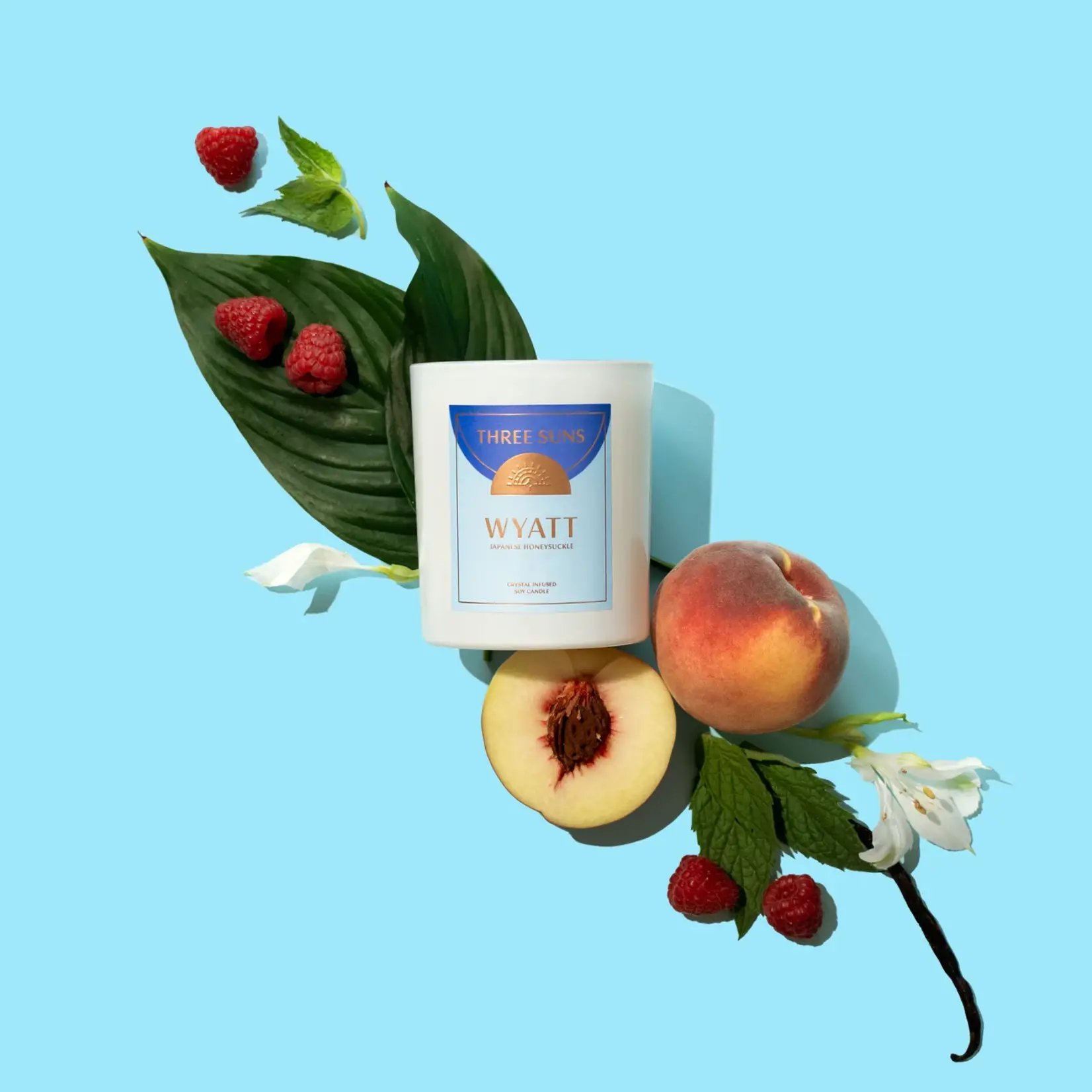 Three Suns Wyatt | Crystal Infused Candle of Strength | Japanese Honeysuckle