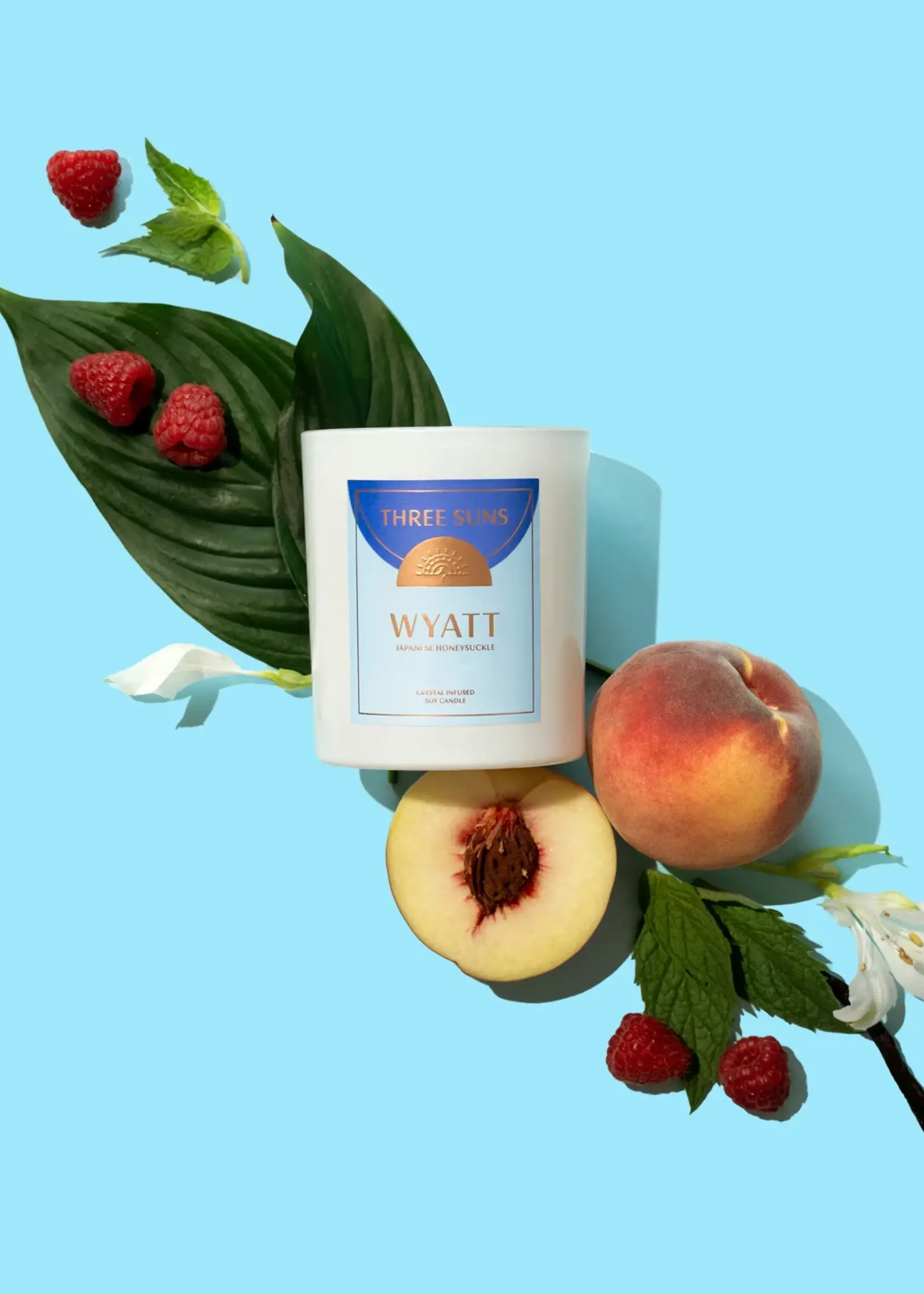 Three Suns Wyatt | Crystal Infused Candle of Strength | Japanese Honeysuckle