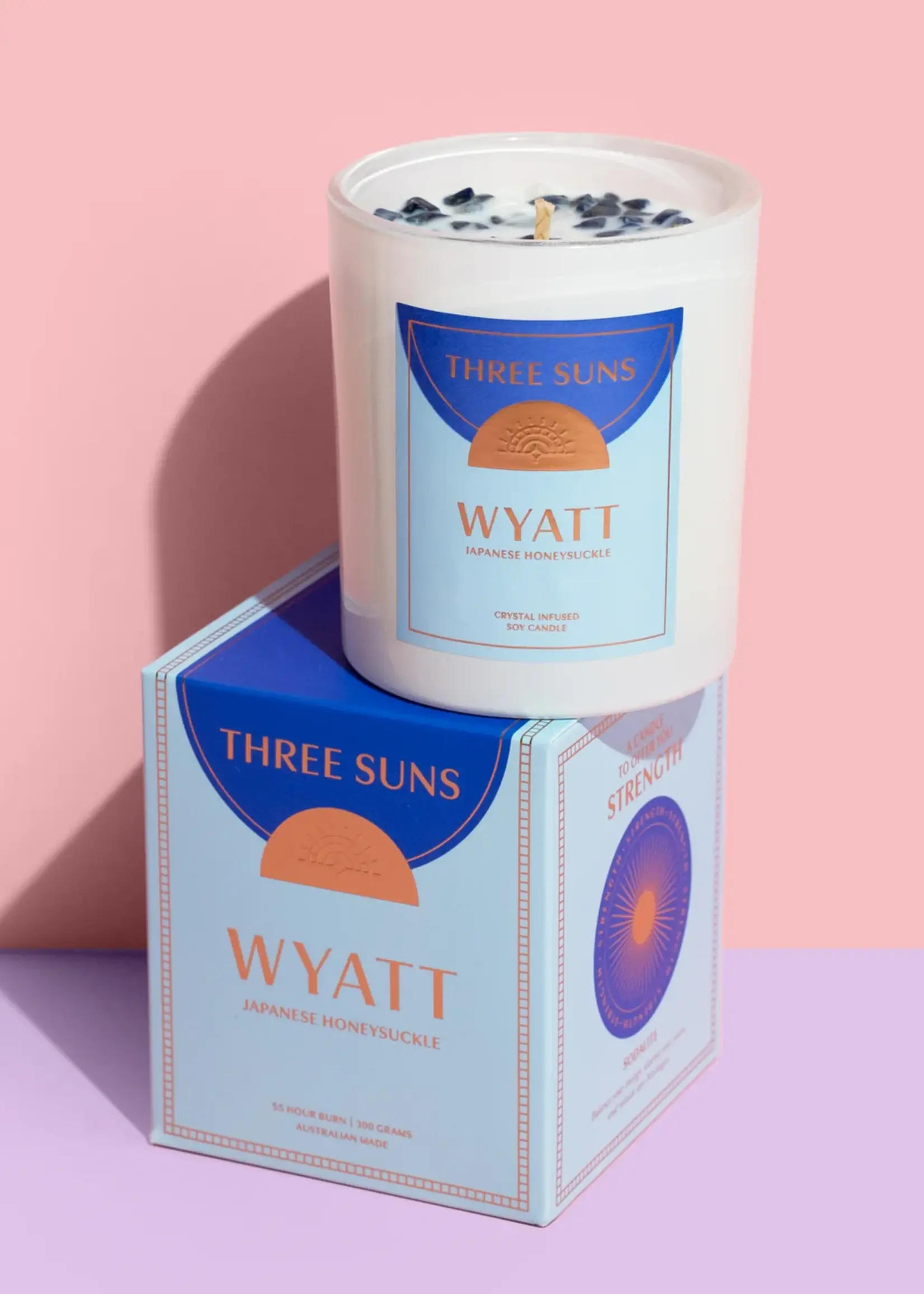 Three Suns Wyatt | Crystal Infused Candle of Strength | Japanese Honeysuckle