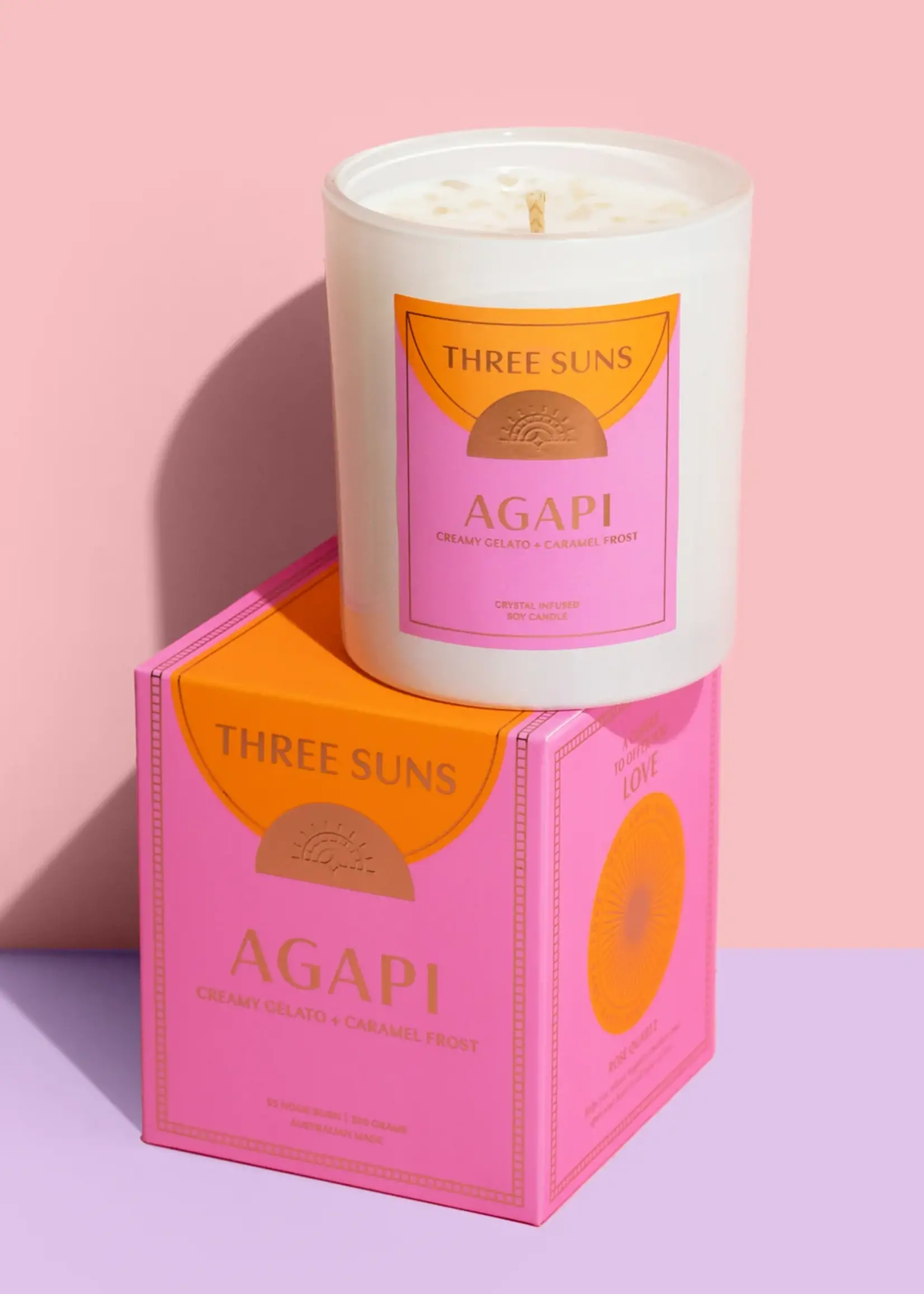Three Suns Agapi | Crystal Infused Candle of Love | Creamy Vanilla Gelato & Caramel Frost