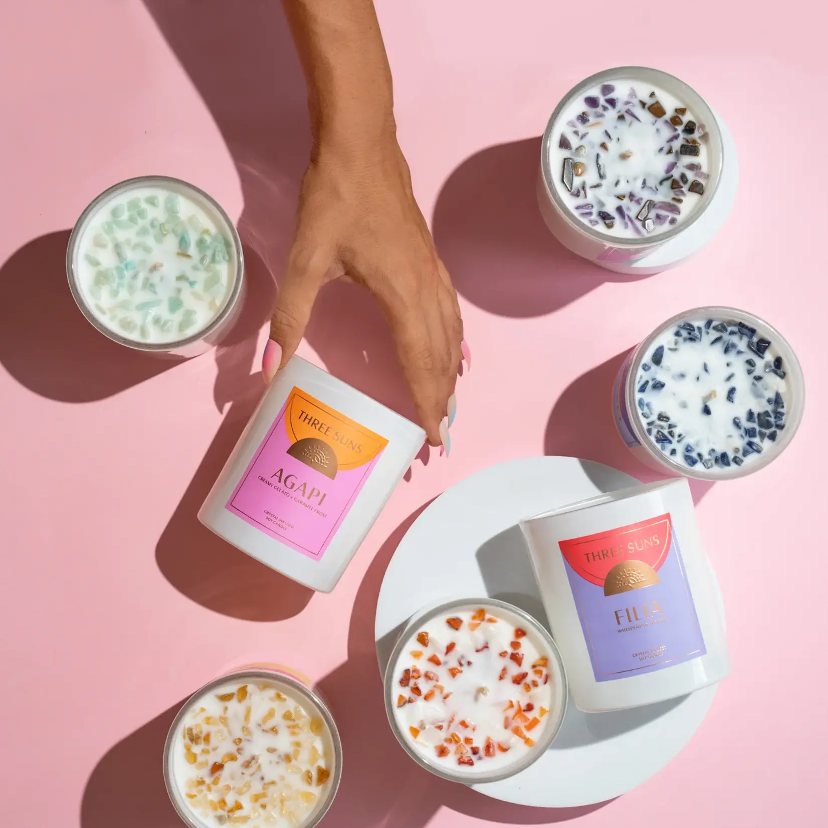 Three Suns Agapi | Crystal Infused Candle of Love | Creamy Vanilla Gelato & Caramel Frost