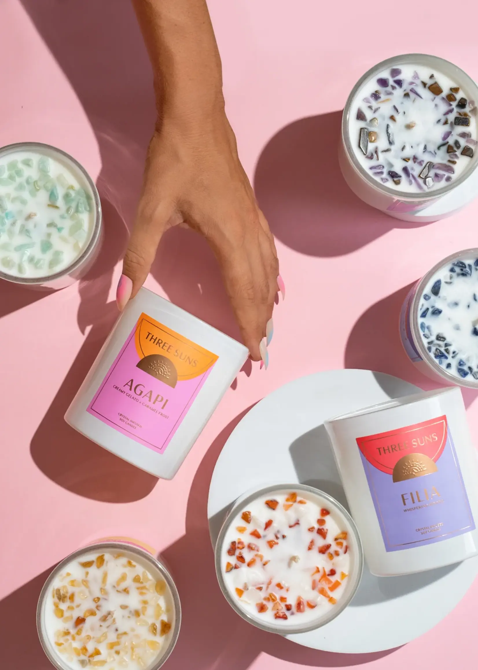 Three Suns Agapi | Crystal Infused Candle of Love | Creamy Vanilla Gelato & Caramel Frost