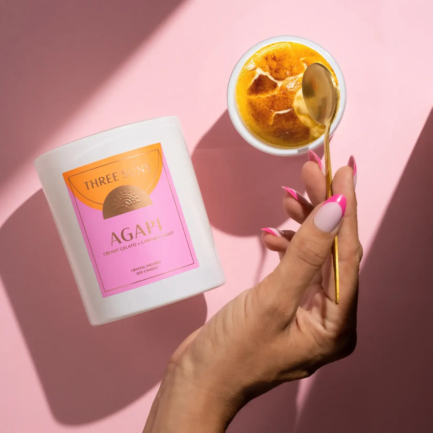 Three Suns Agapi | Crystal Infused Candle of Love | Creamy Vanilla Gelato & Caramel Frost