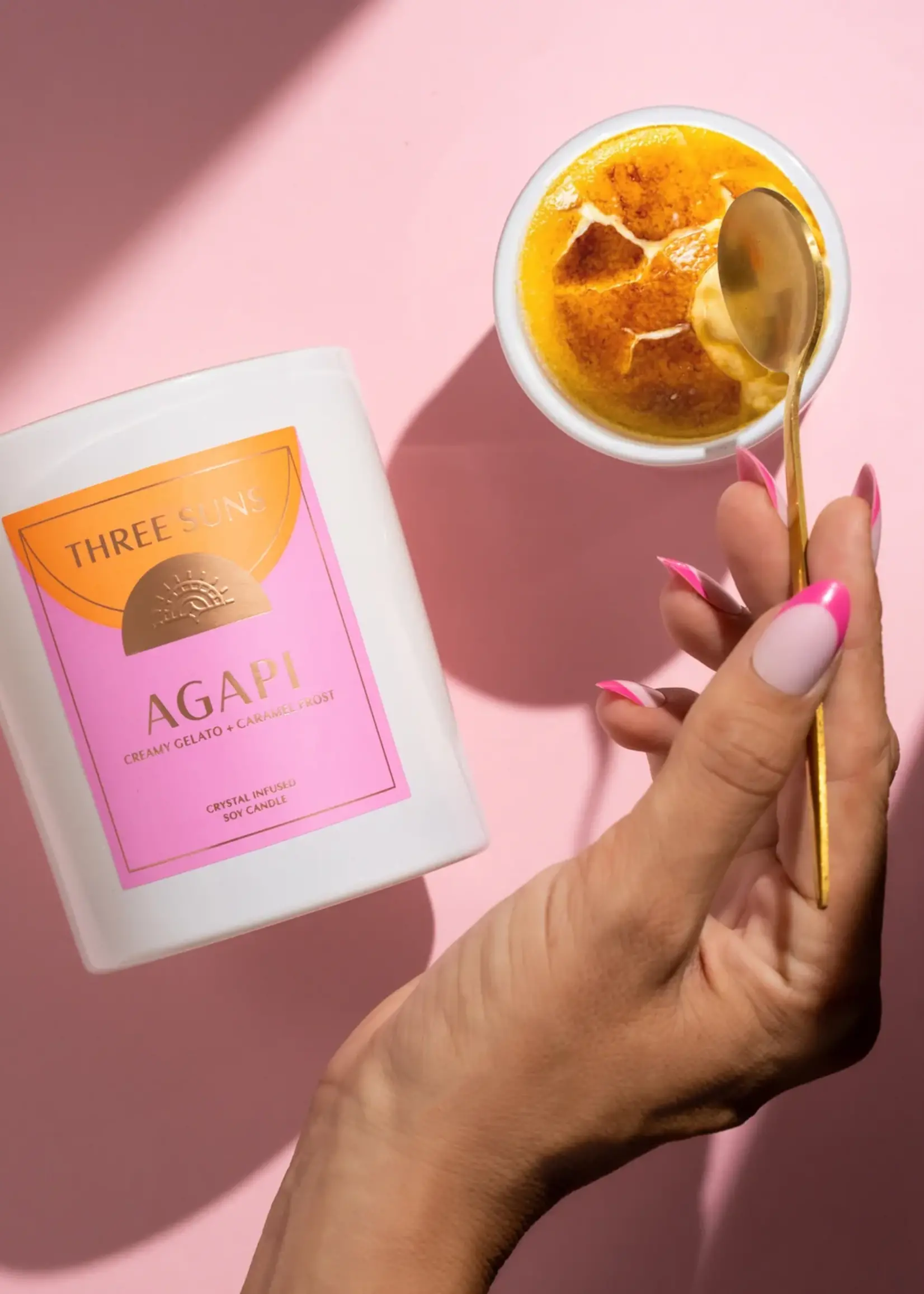 Three Suns Agapi | Crystal Infused Candle of Love | Creamy Vanilla Gelato & Caramel Frost