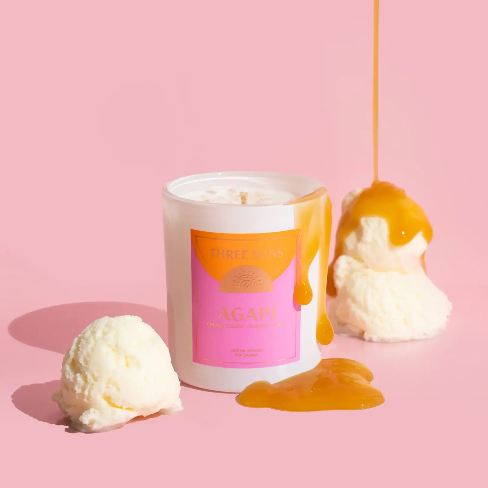 Three Suns Agapi | Crystal Infused Candle of Love | Creamy Vanilla Gelato & Caramel Frost