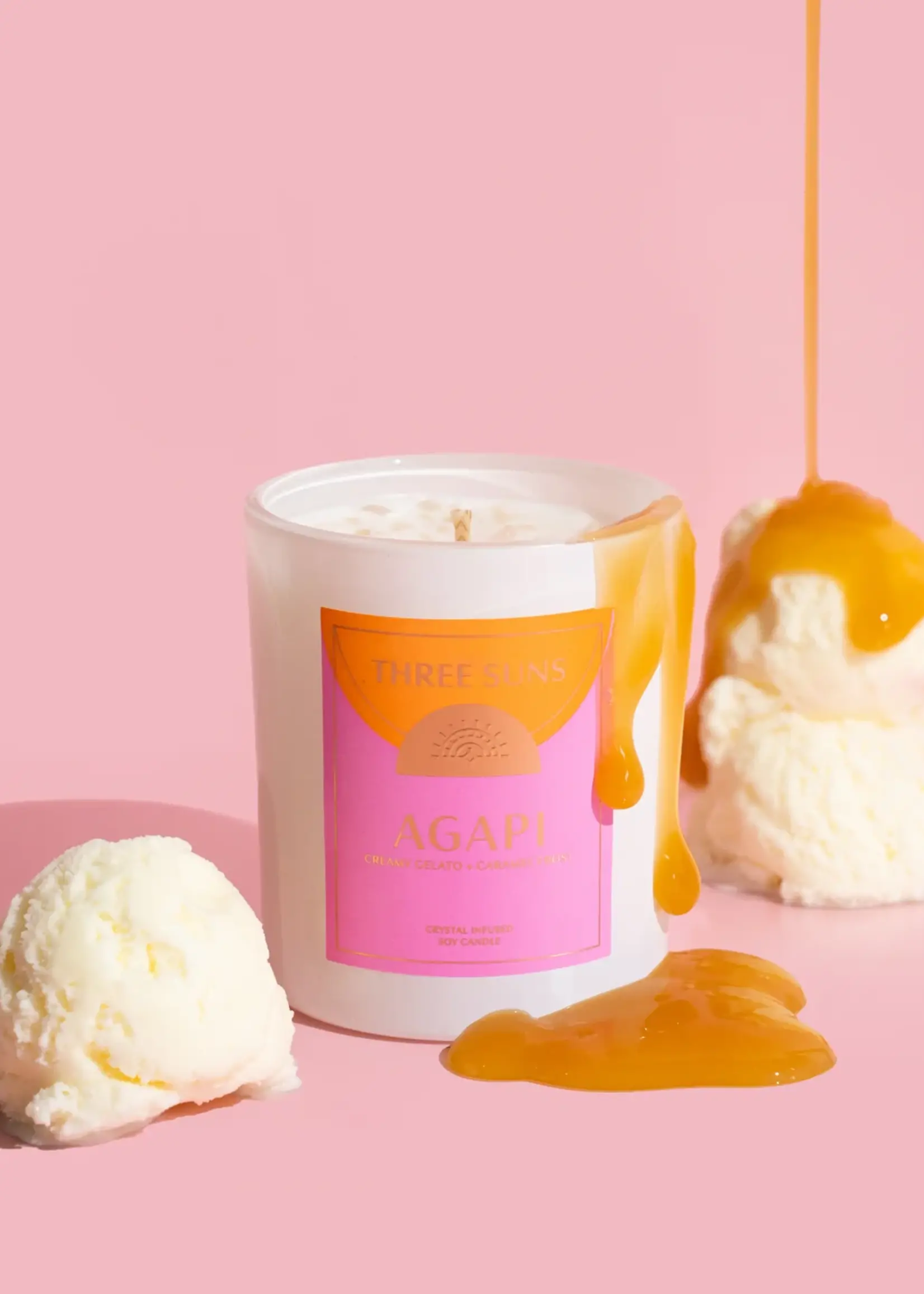 Three Suns Agapi | Crystal Infused Candle of Love | Creamy Vanilla Gelato & Caramel Frost