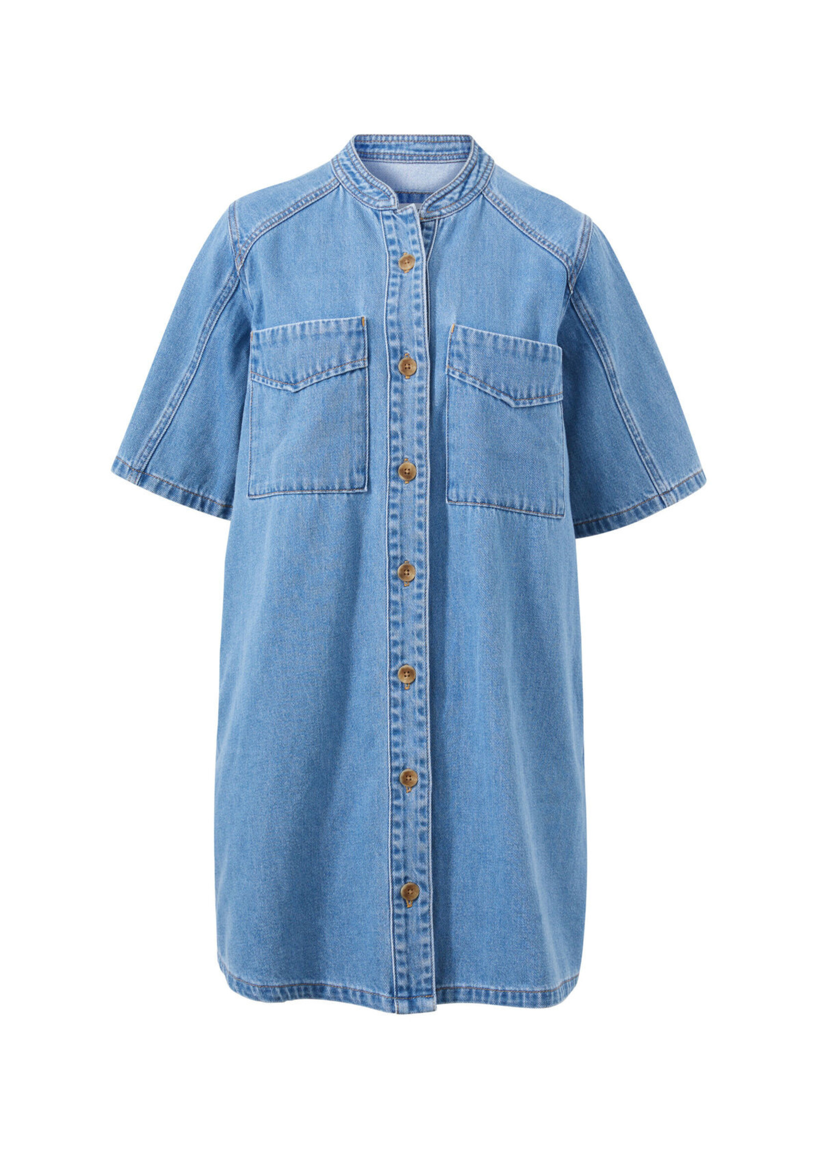 Ceres Life Collarless Relaxed Short Sleeve Denim Dress - Vintage Blue