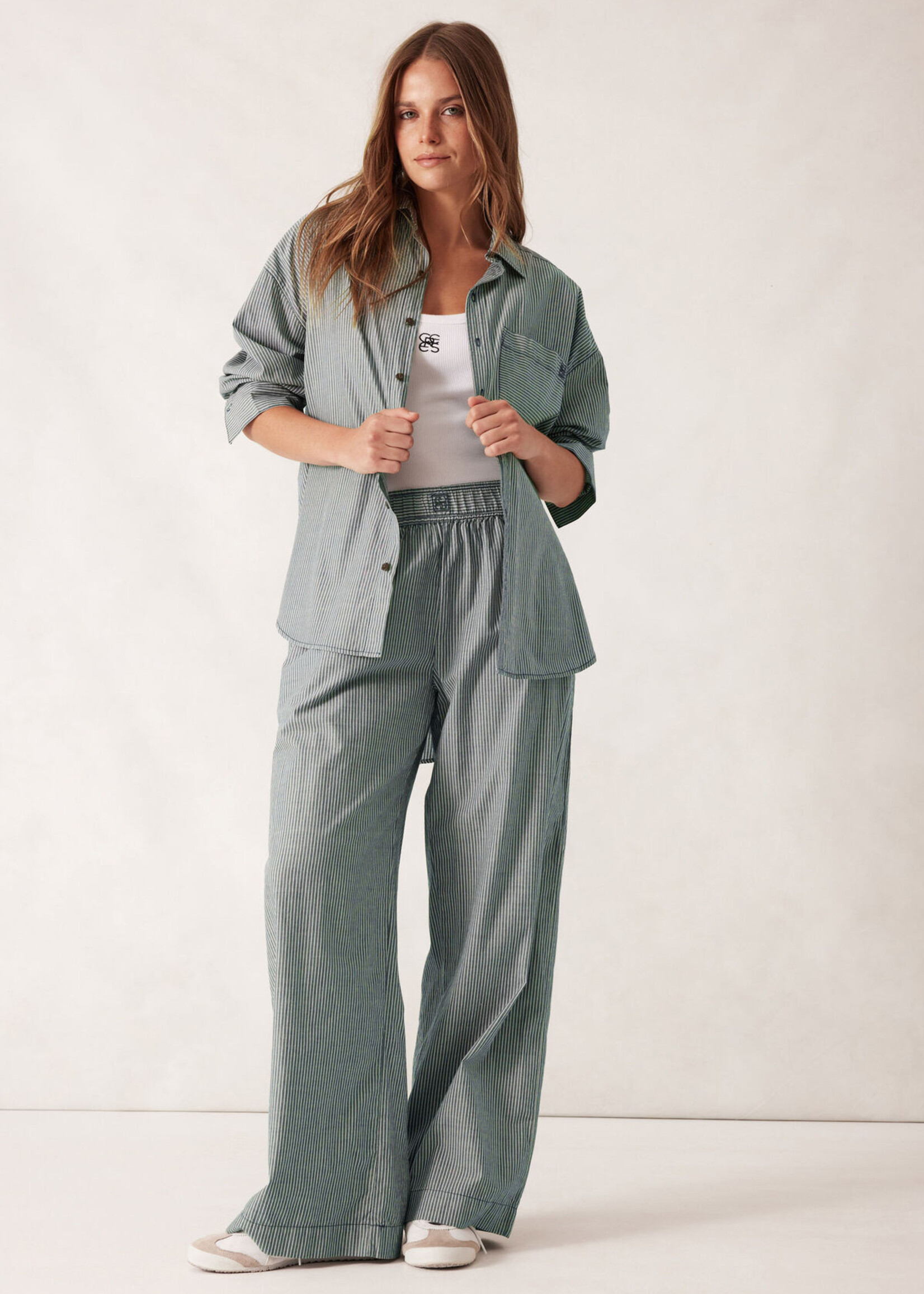 Ceres Life Peta Oversized Shirt - Green White Narrow Stripe