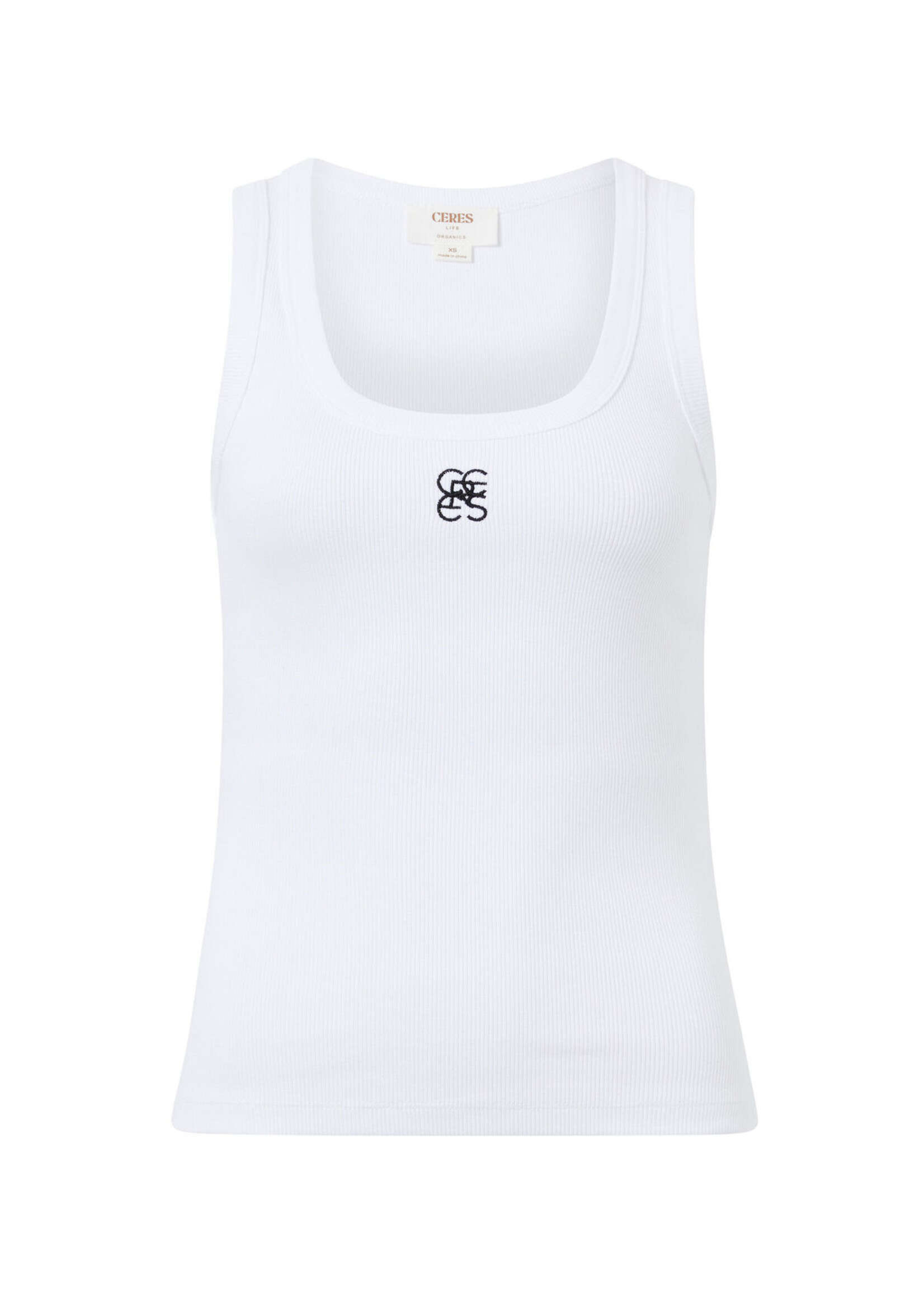 Ceres Life Zoe Contour Rib Scoop Tank - White/Black Monogram Embroidery