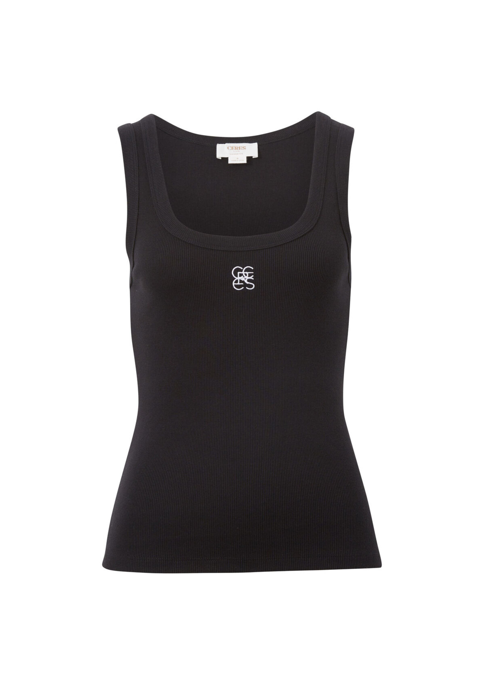 Ceres Life Zoe Contour Rib Scoop Tank - Black/White Monogram Embroidery