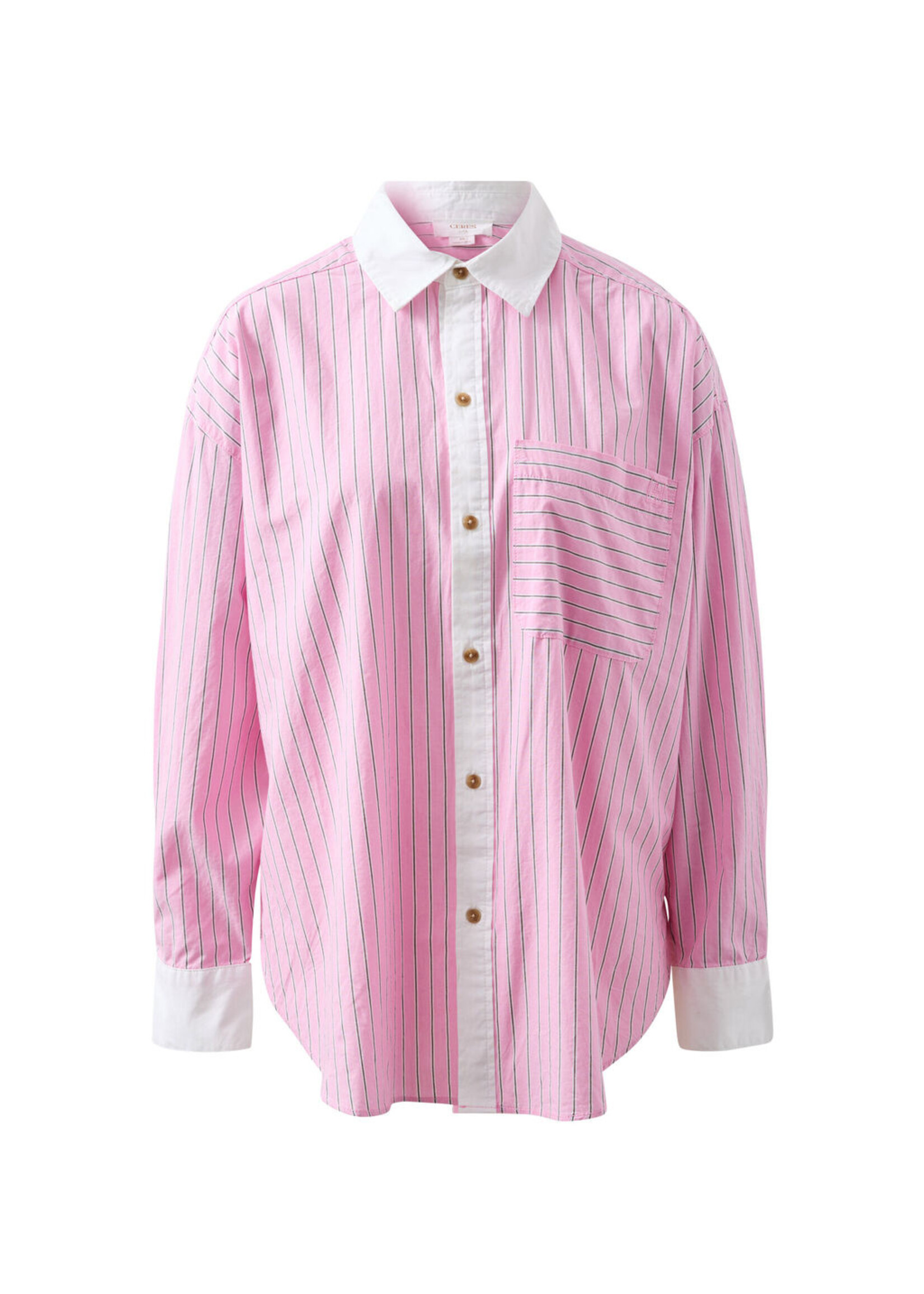 Ceres Life Peta Oversized Shirt - Hibiscus Pink Triple Stripe White Collar