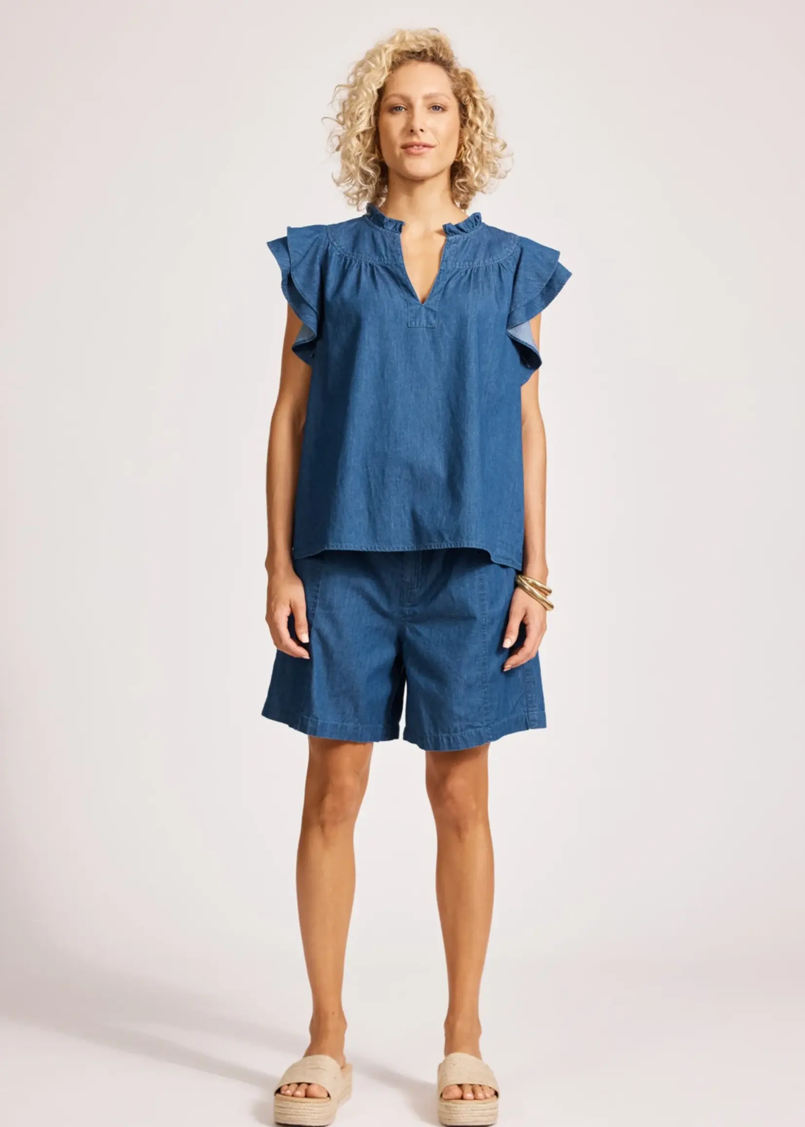 EB & Ive Melenia Denim Frill Top - Indigo