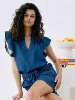 EB & Ive Melenia Denim Frill Top - Indigo