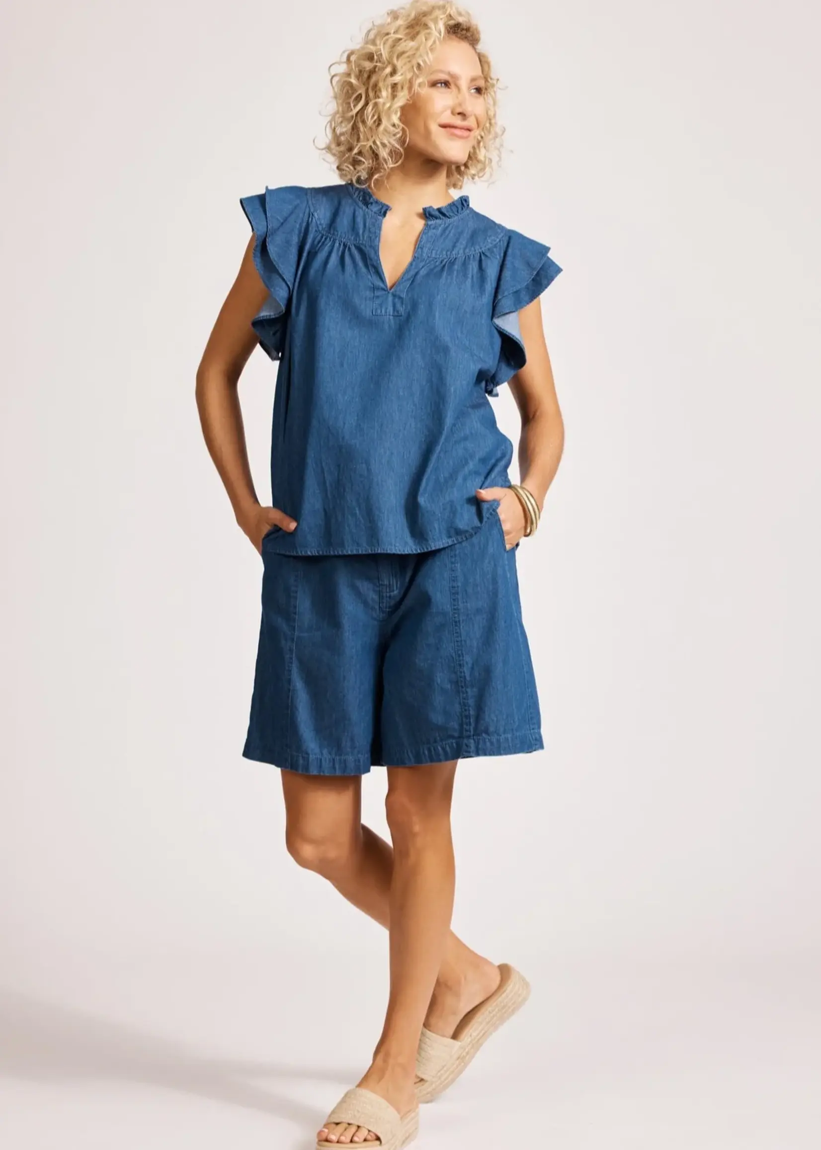 EB & Ive Melenia Denim Frill Top - Indigo