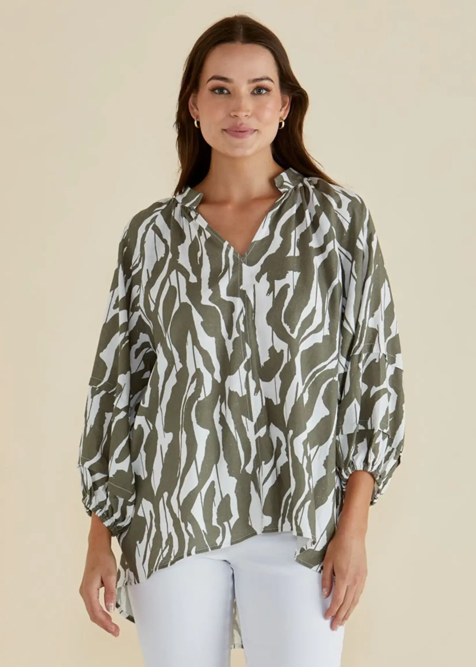 Betty Basic Grazia Blouse - Olive Geometric Print