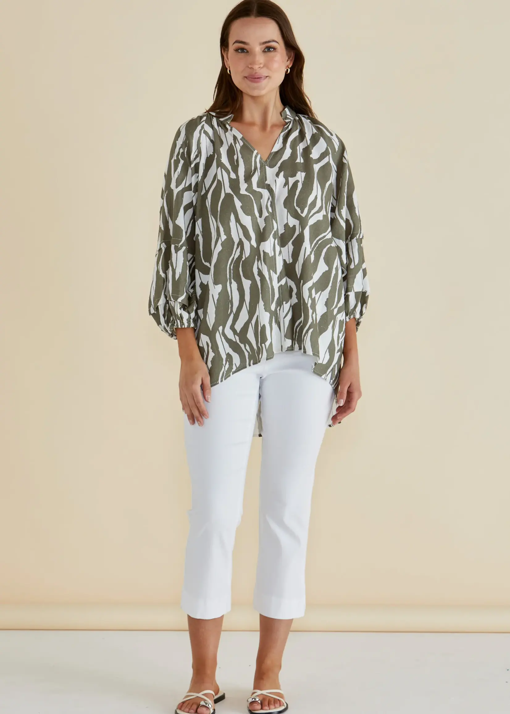 Betty Basic Grazia Blouse - Olive Geometric Print
