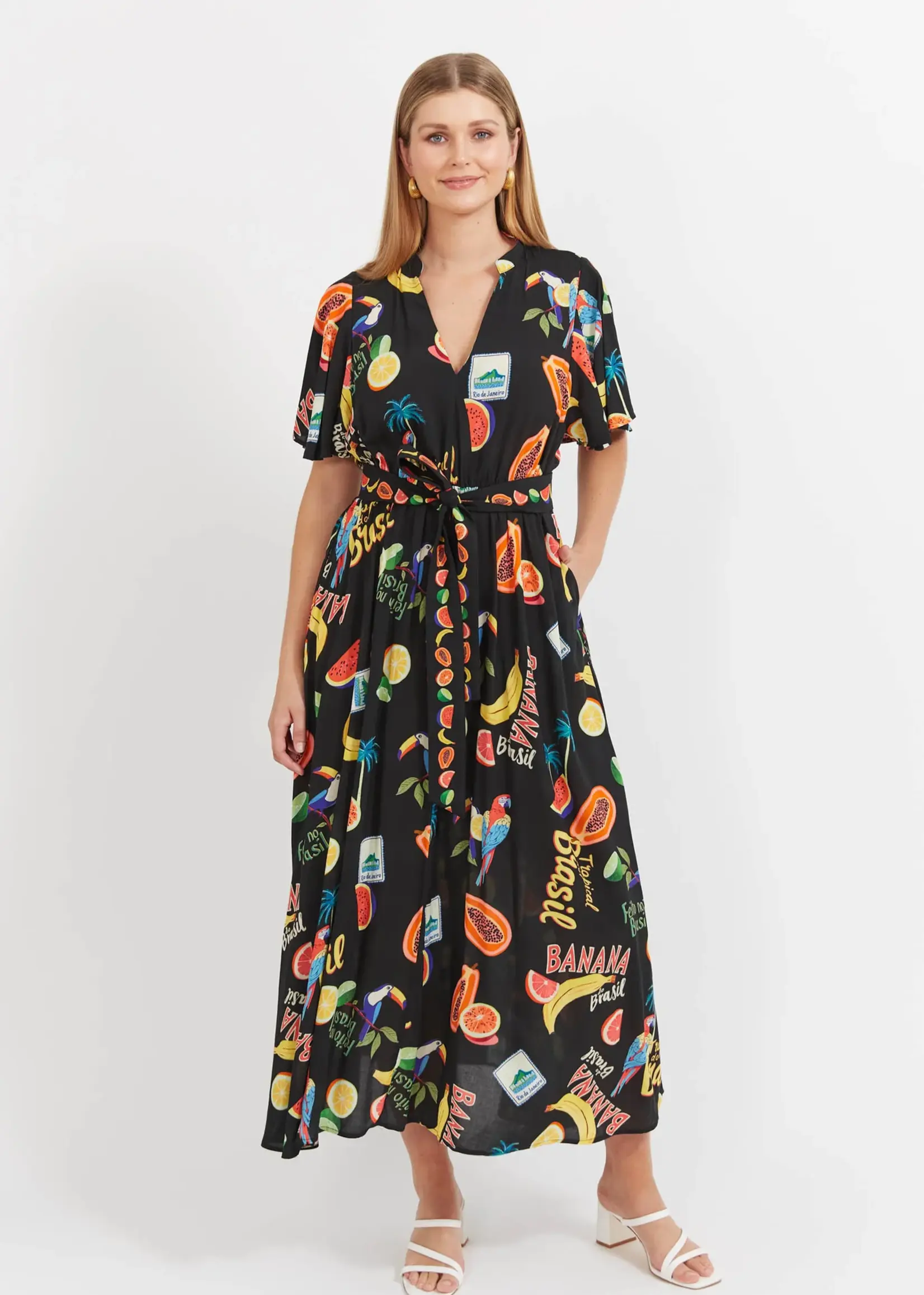 Haven Cabana V Neck Maxi Dress - Brasil Black