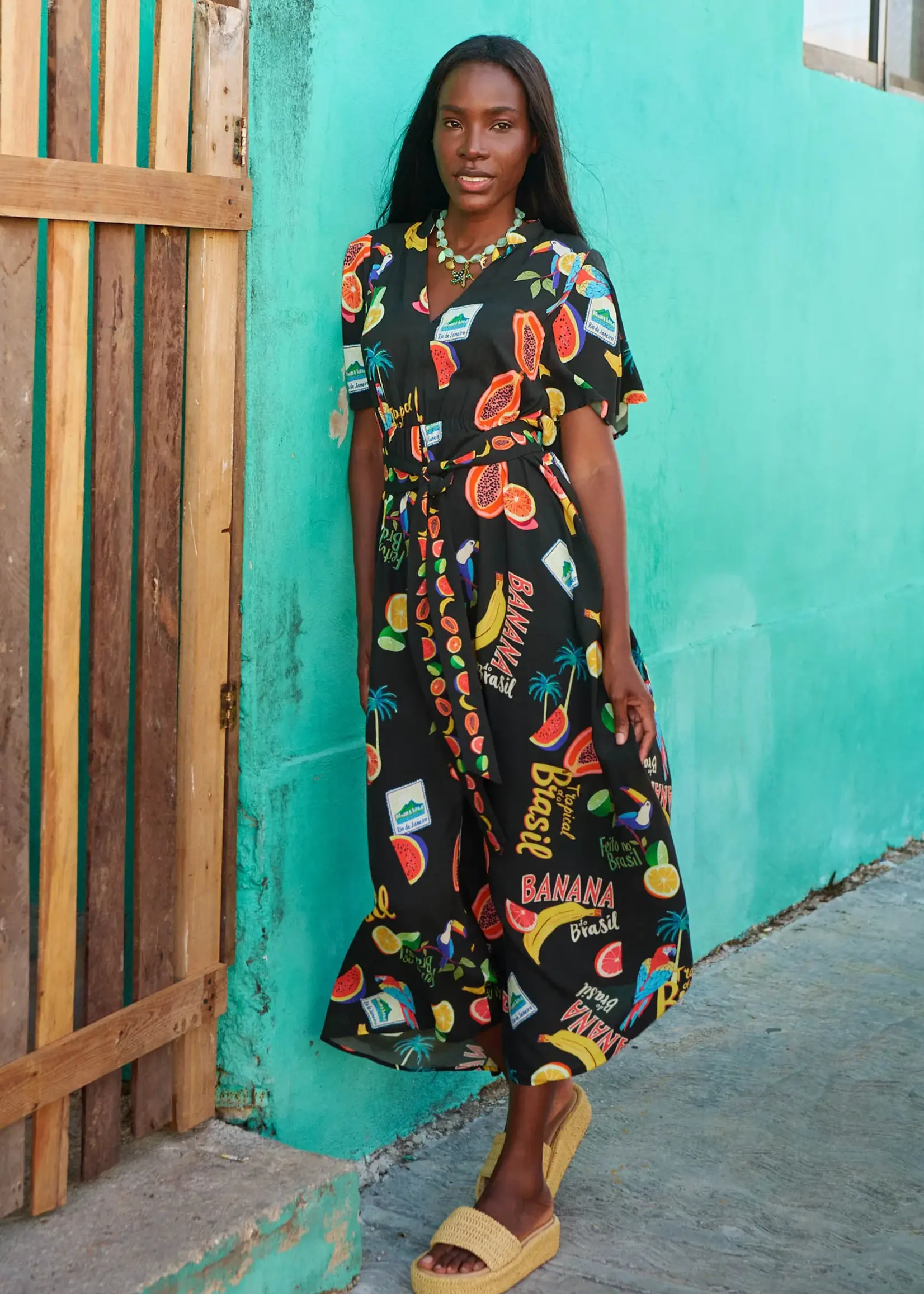 Haven Cabana V Neck Maxi Dress - Brasil Black
