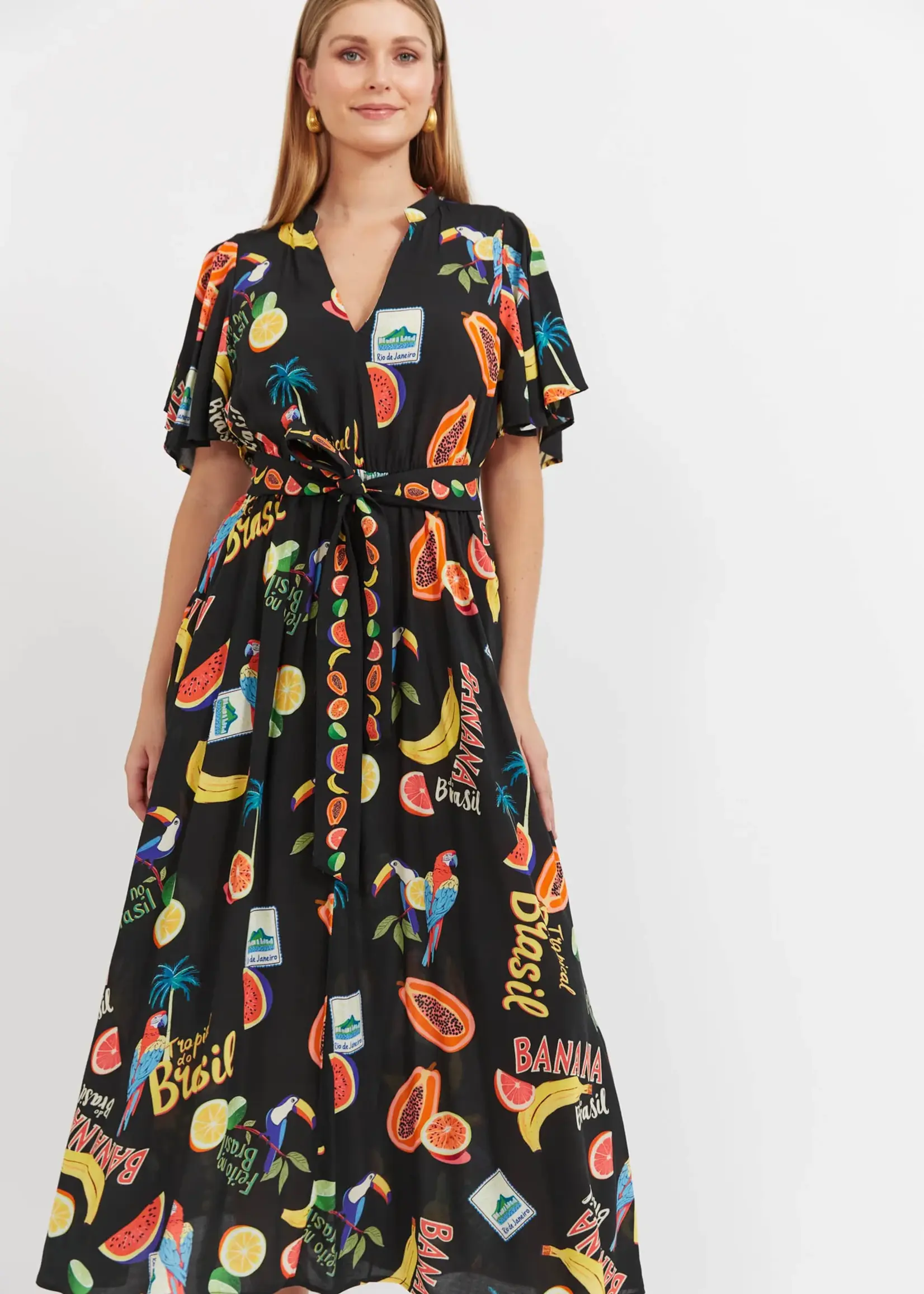 Haven Cabana V Neck Maxi Dress - Brasil Black