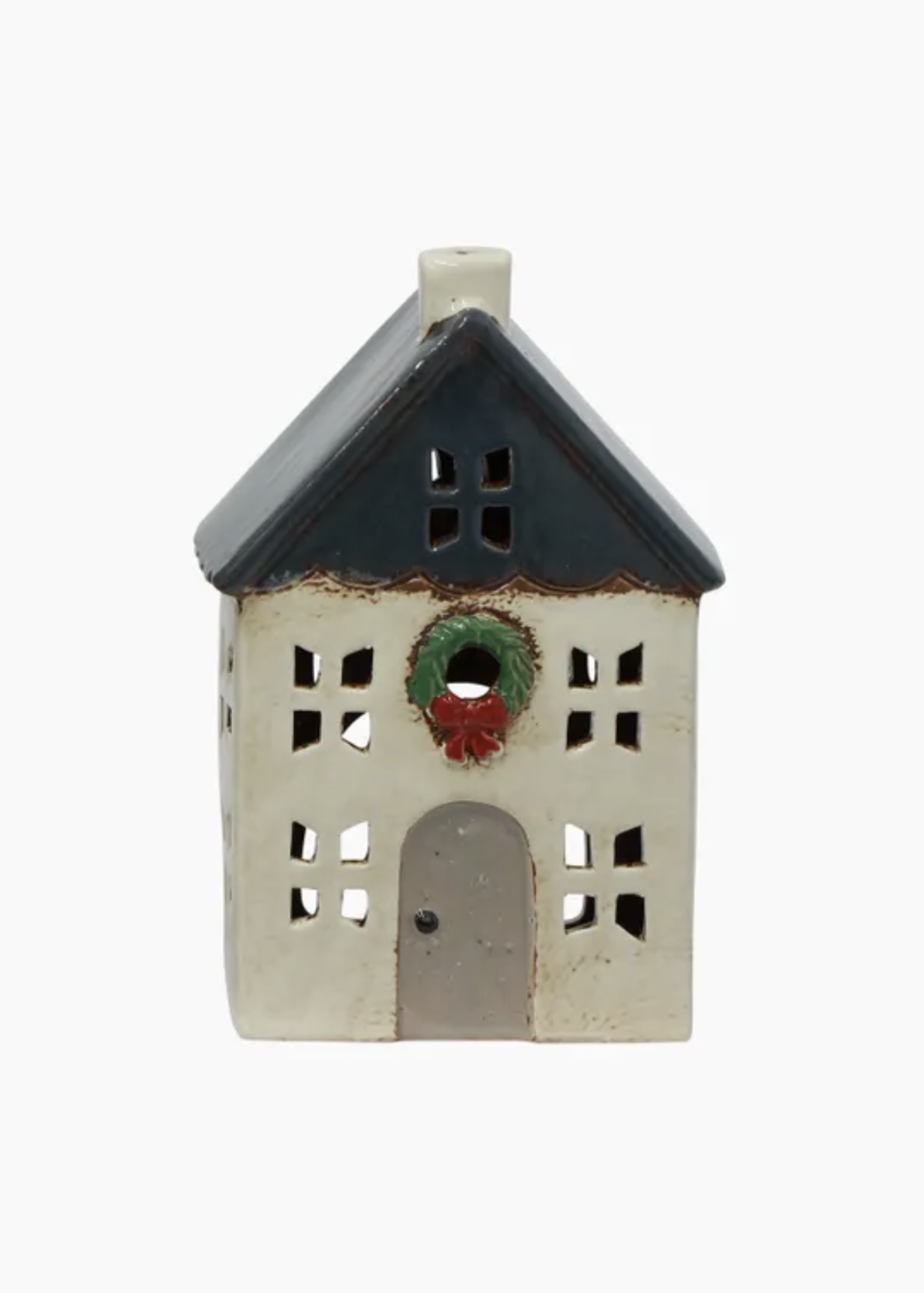 Christmas Tea Light House Blue Wreath Small