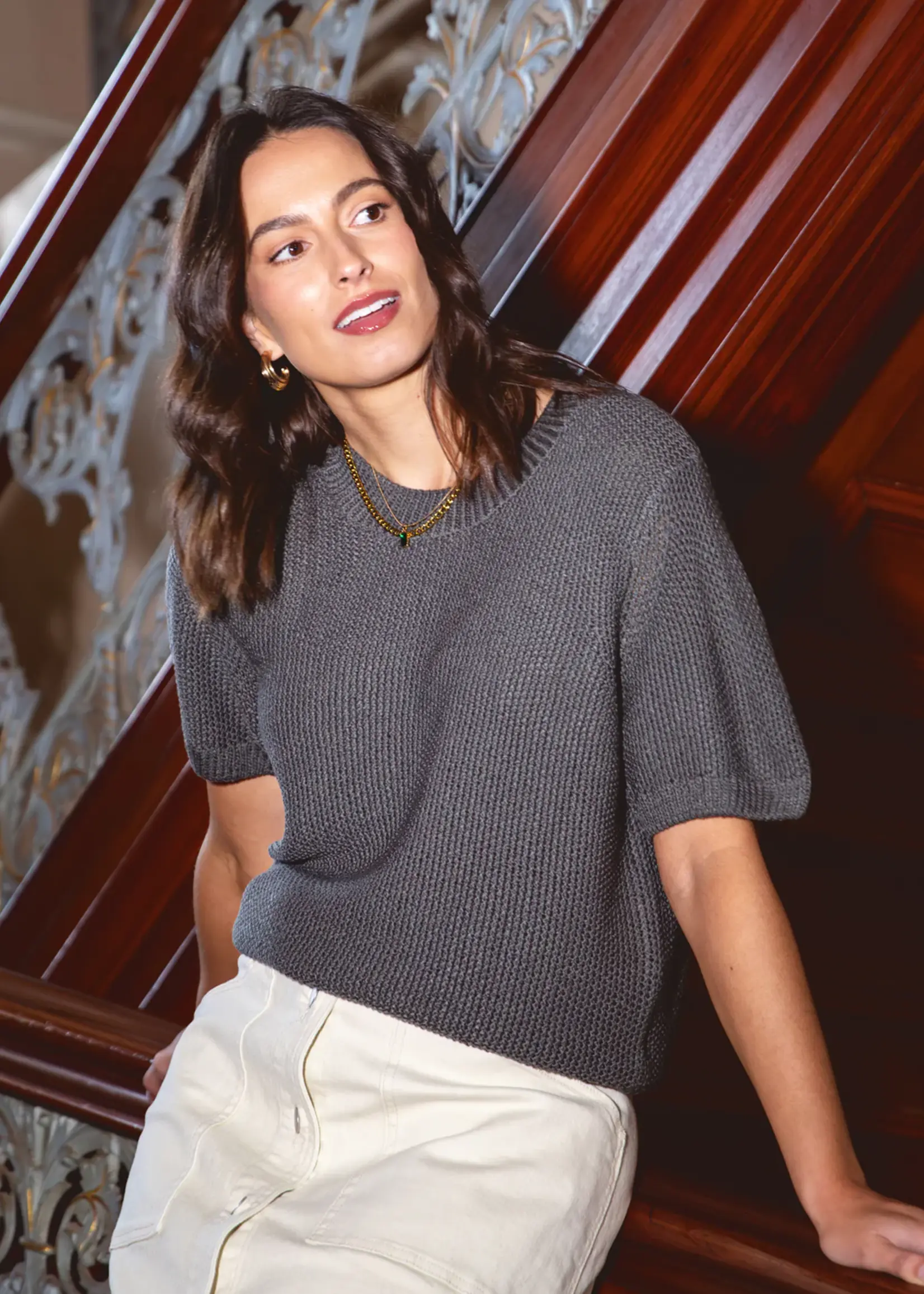 Foxwood Blair Short Sleeve Knit - Charcoal