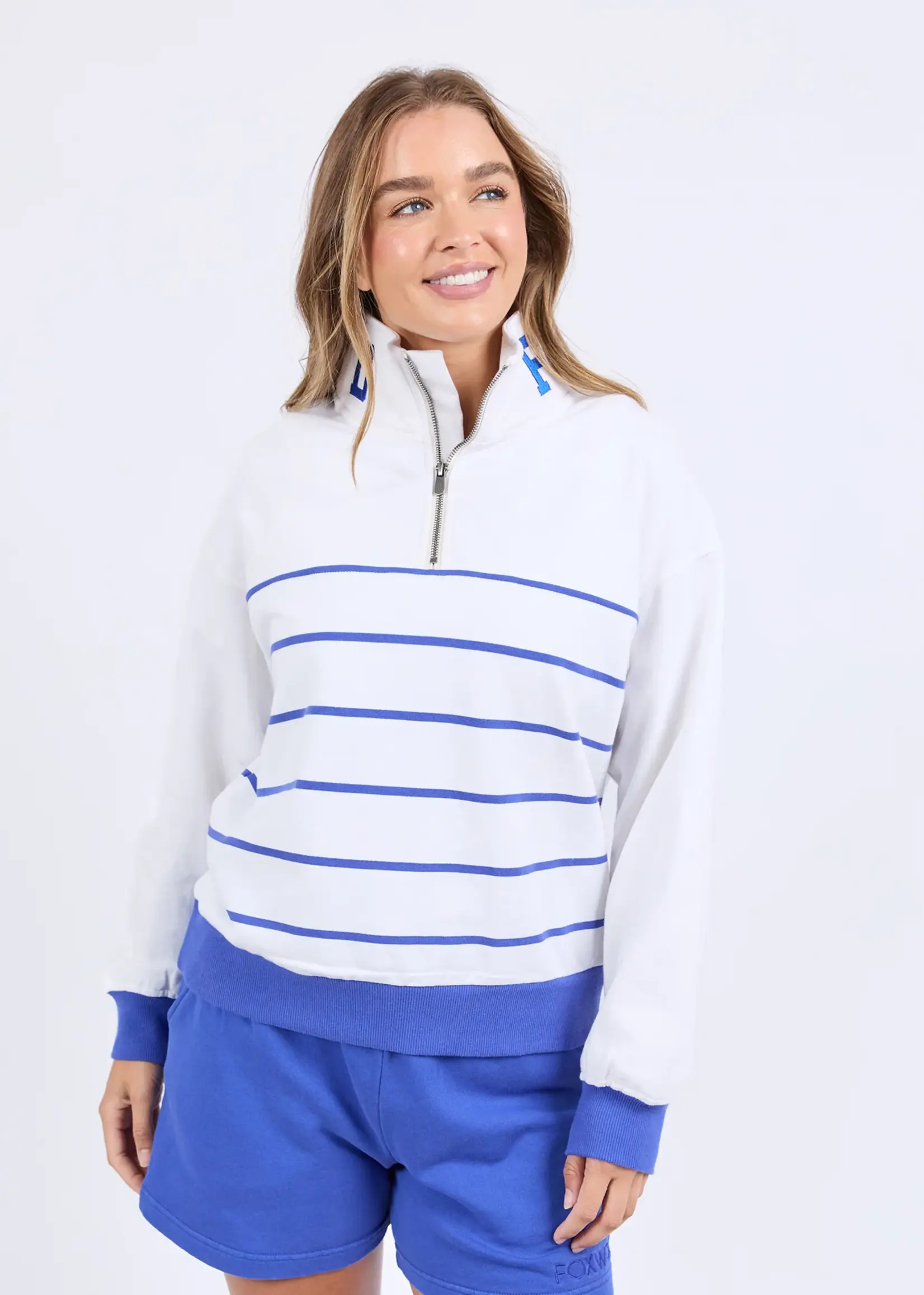 Foxwood College Stripe Zip Crew - Blue