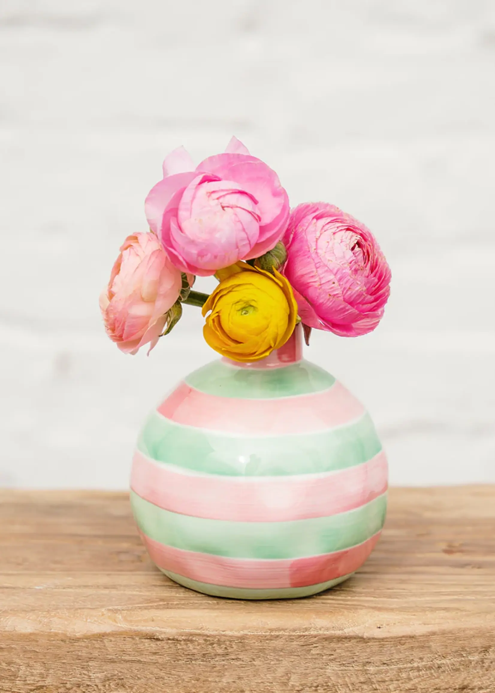 Round Bud Vase - Pink & Mint Green Stripe
