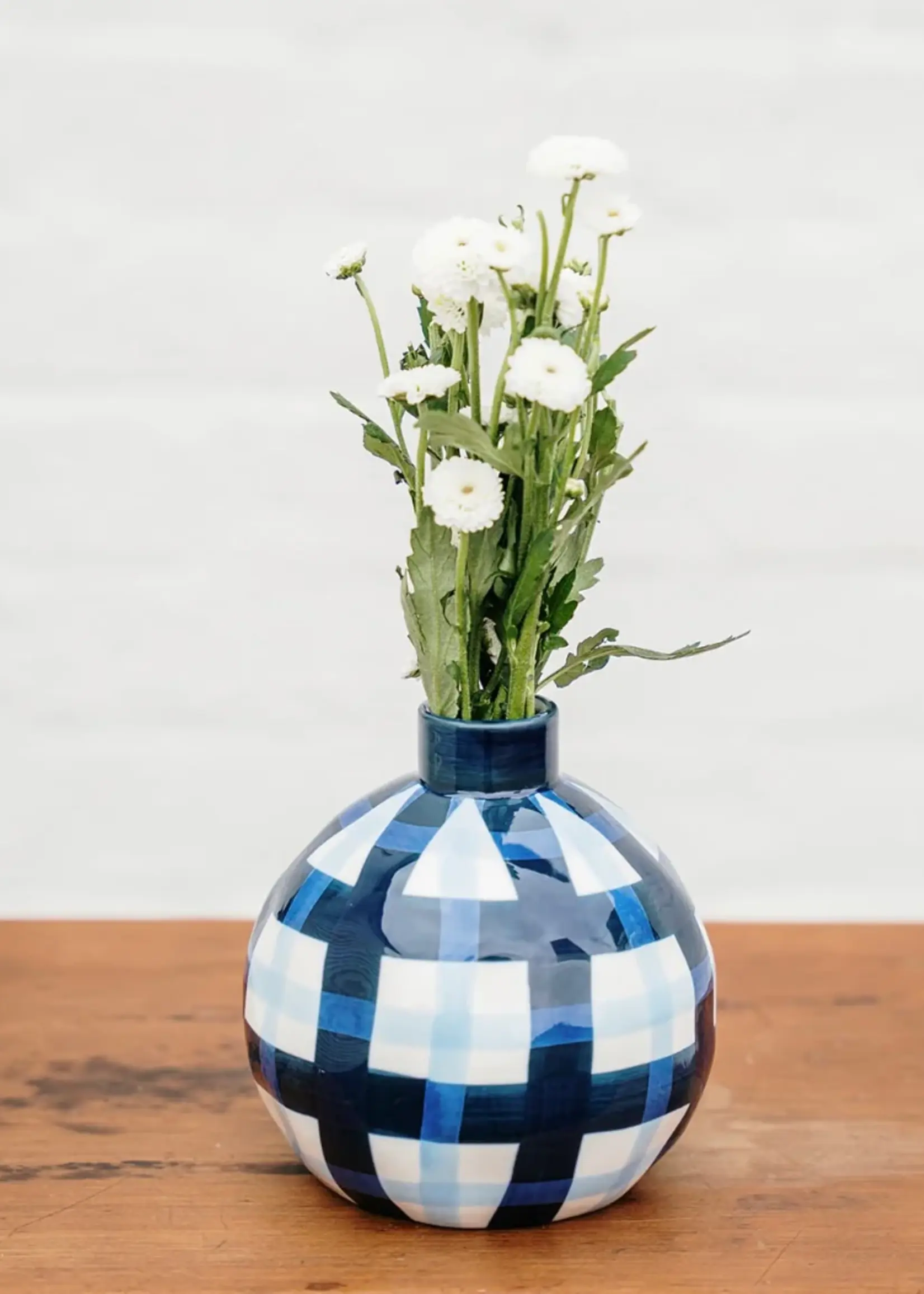 Round Bud Vase - Navy & Cornflower Gingham