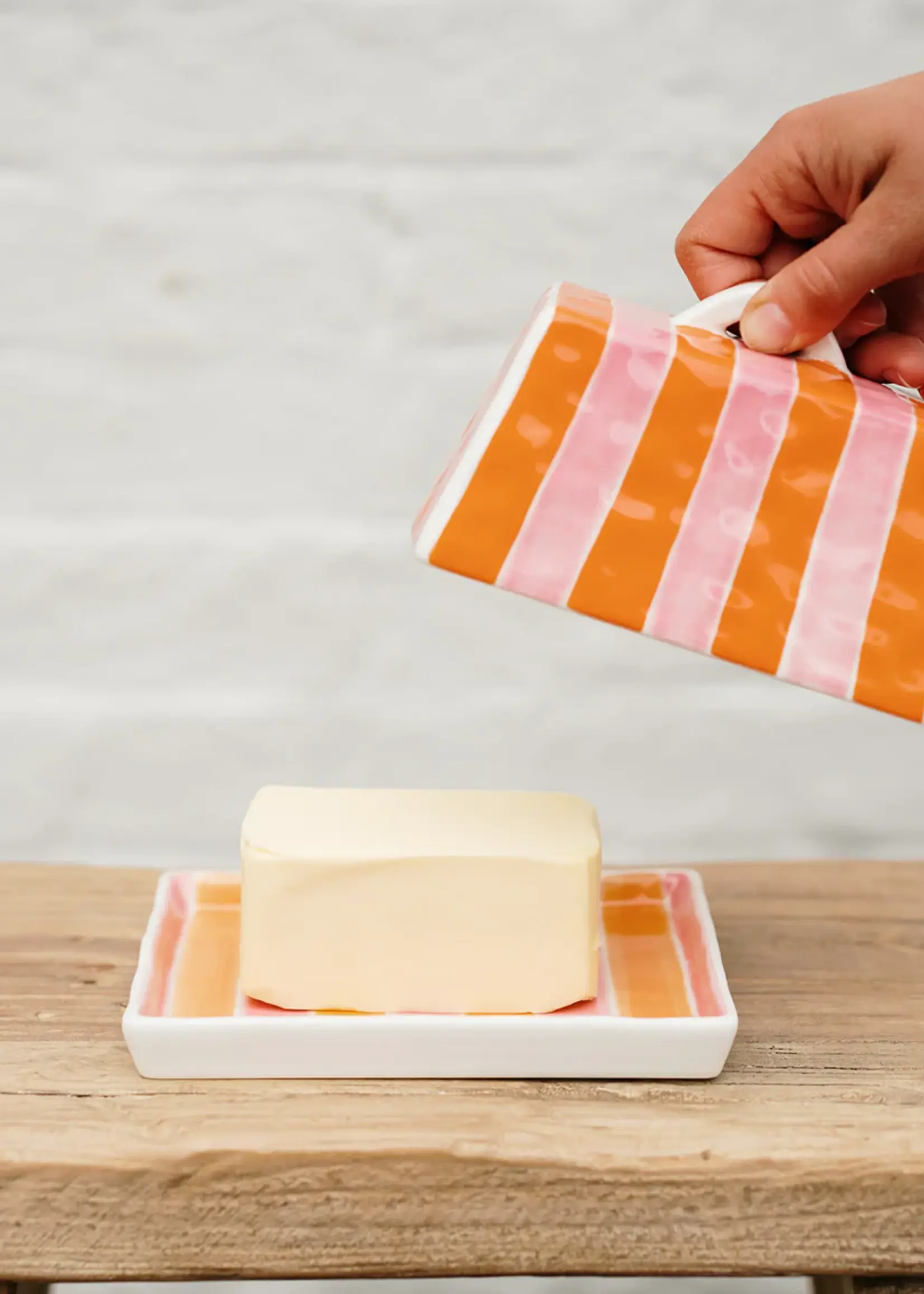Large Butter Dish - Orange & Pink Stripe