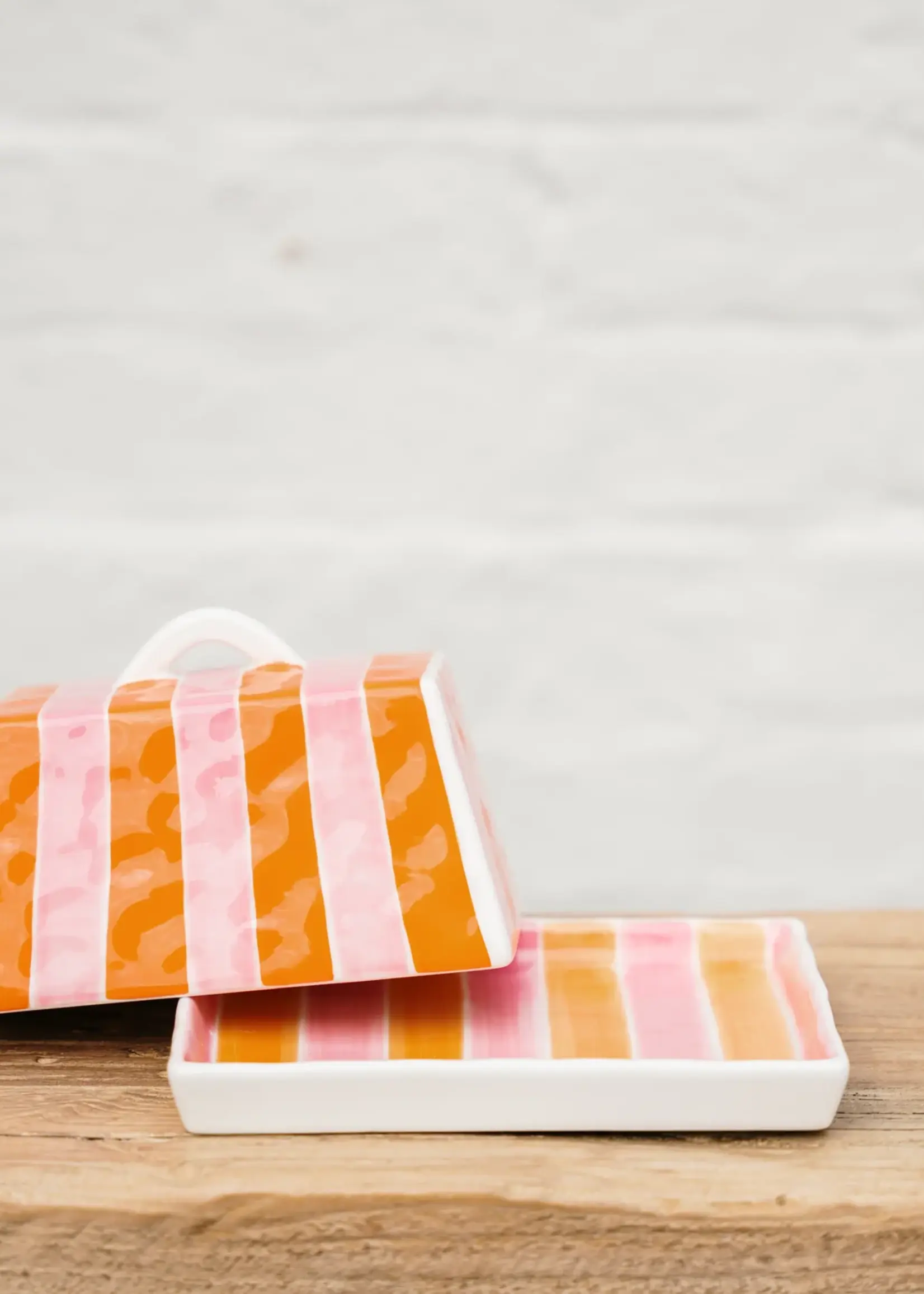 Large Butter Dish - Orange & Pink Stripe