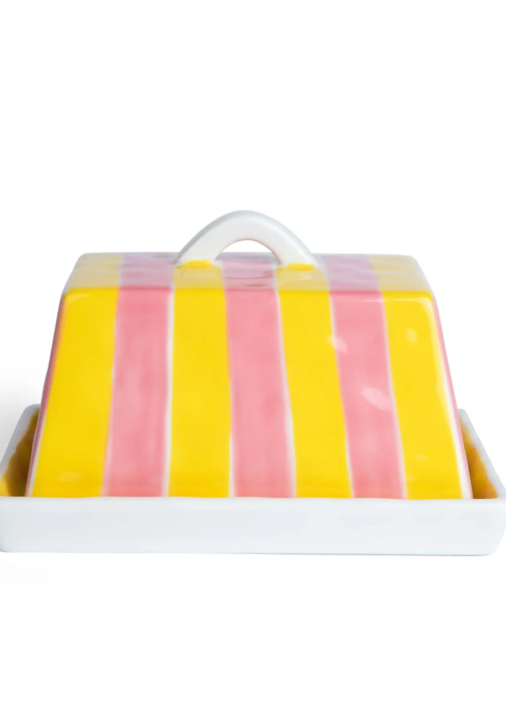 Large Butter Dish - Pink & Yellow Stripe