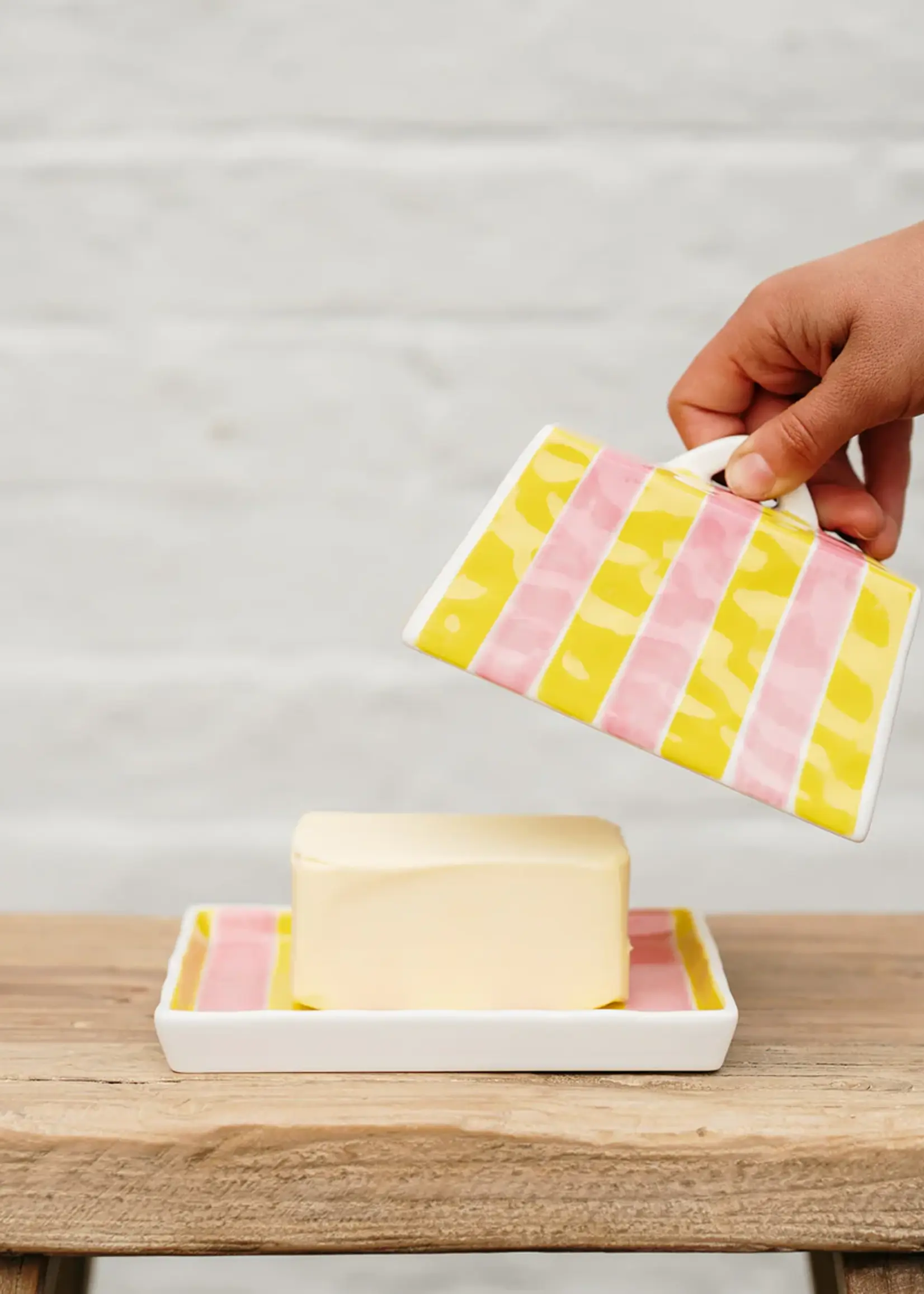 Large Butter Dish - Pink & Yellow Stripe