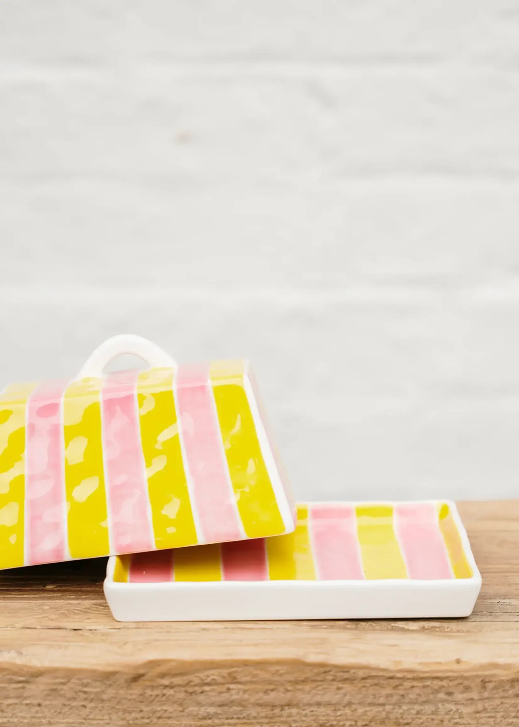 Large Butter Dish - Pink & Yellow Stripe