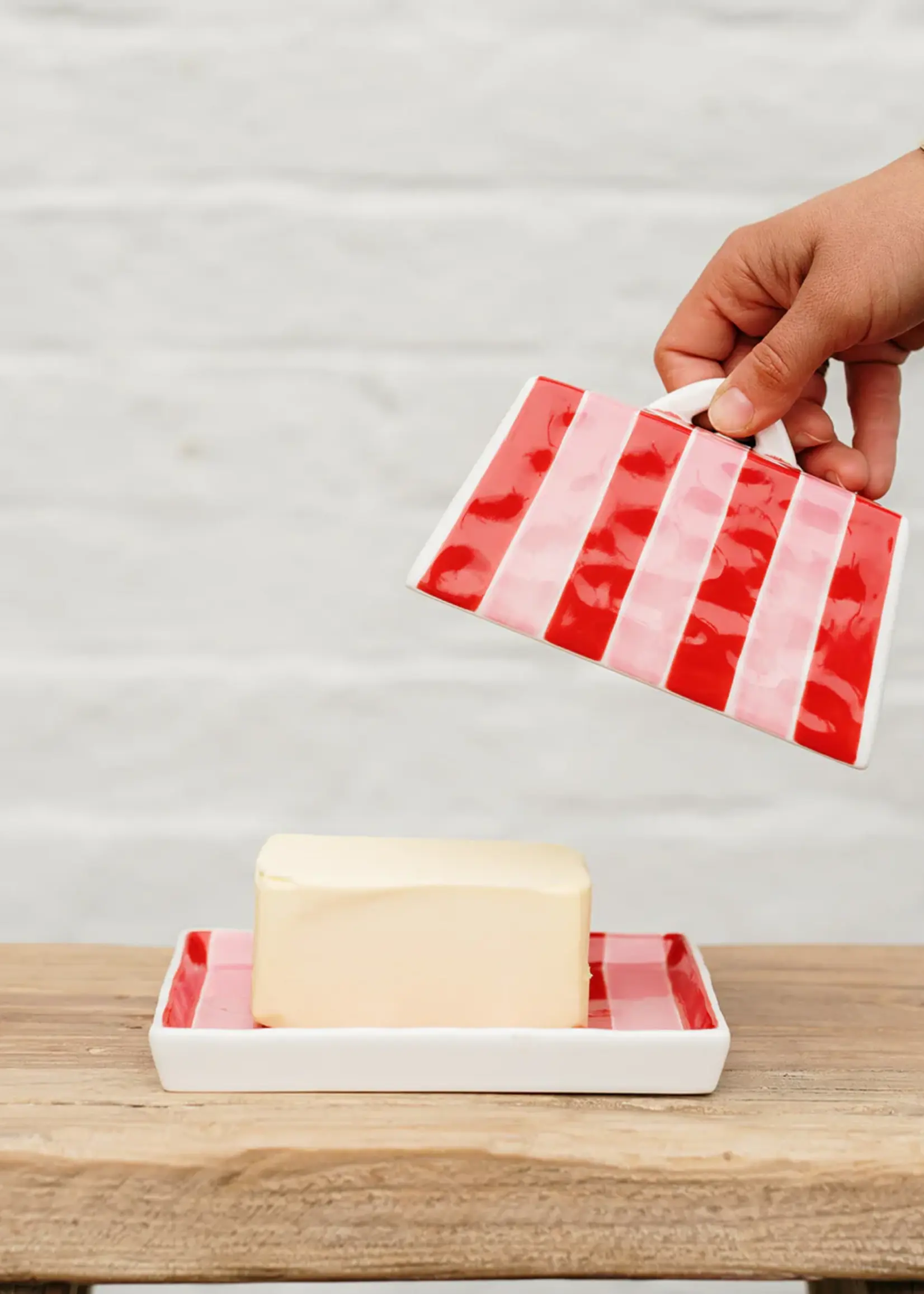 Large Butter Dish - Red & Pink Stripe