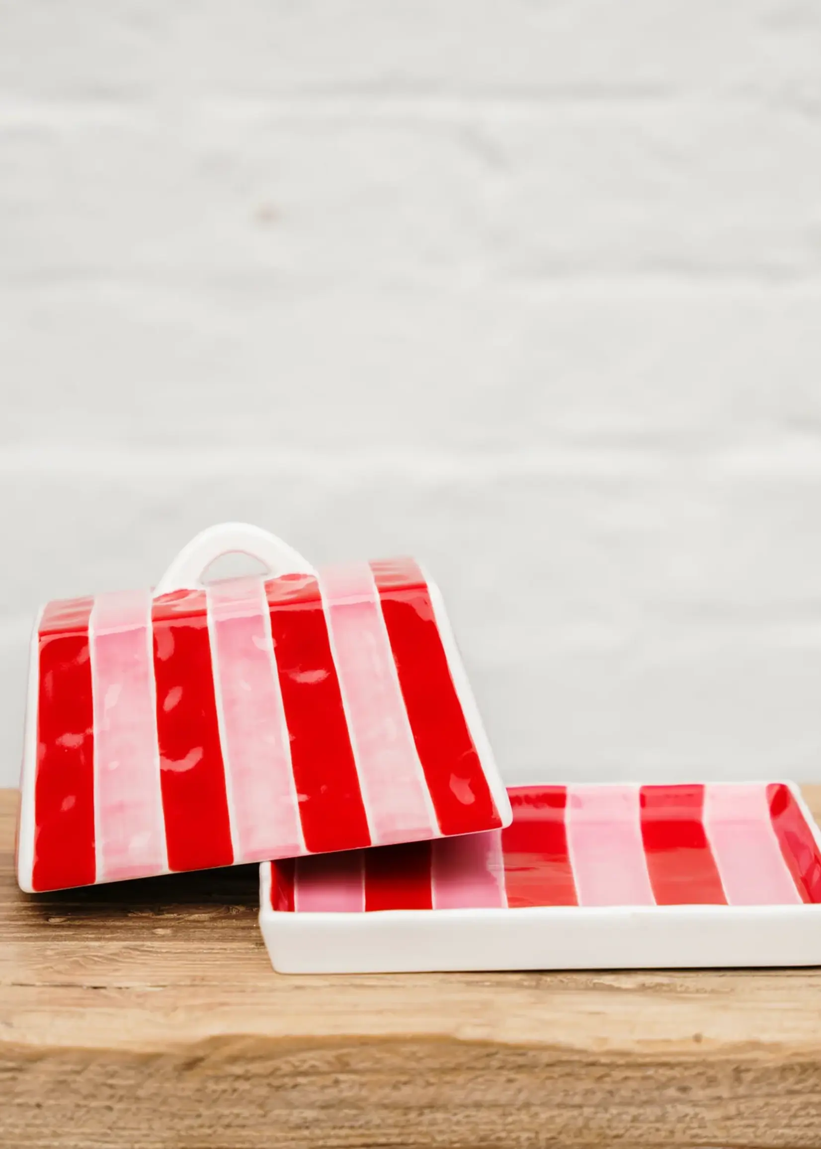 Large Butter Dish - Red & Pink Stripe