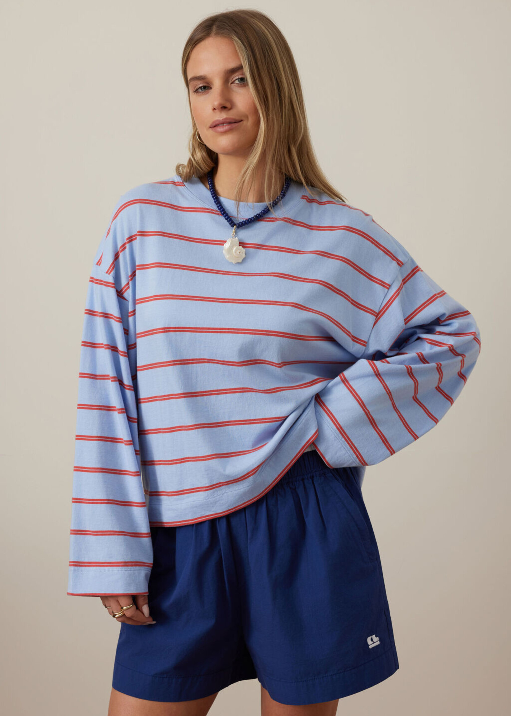 Ceres Life Beau Long Sleeve Slouchy Tee - China Blue/Vintage Red Stripe