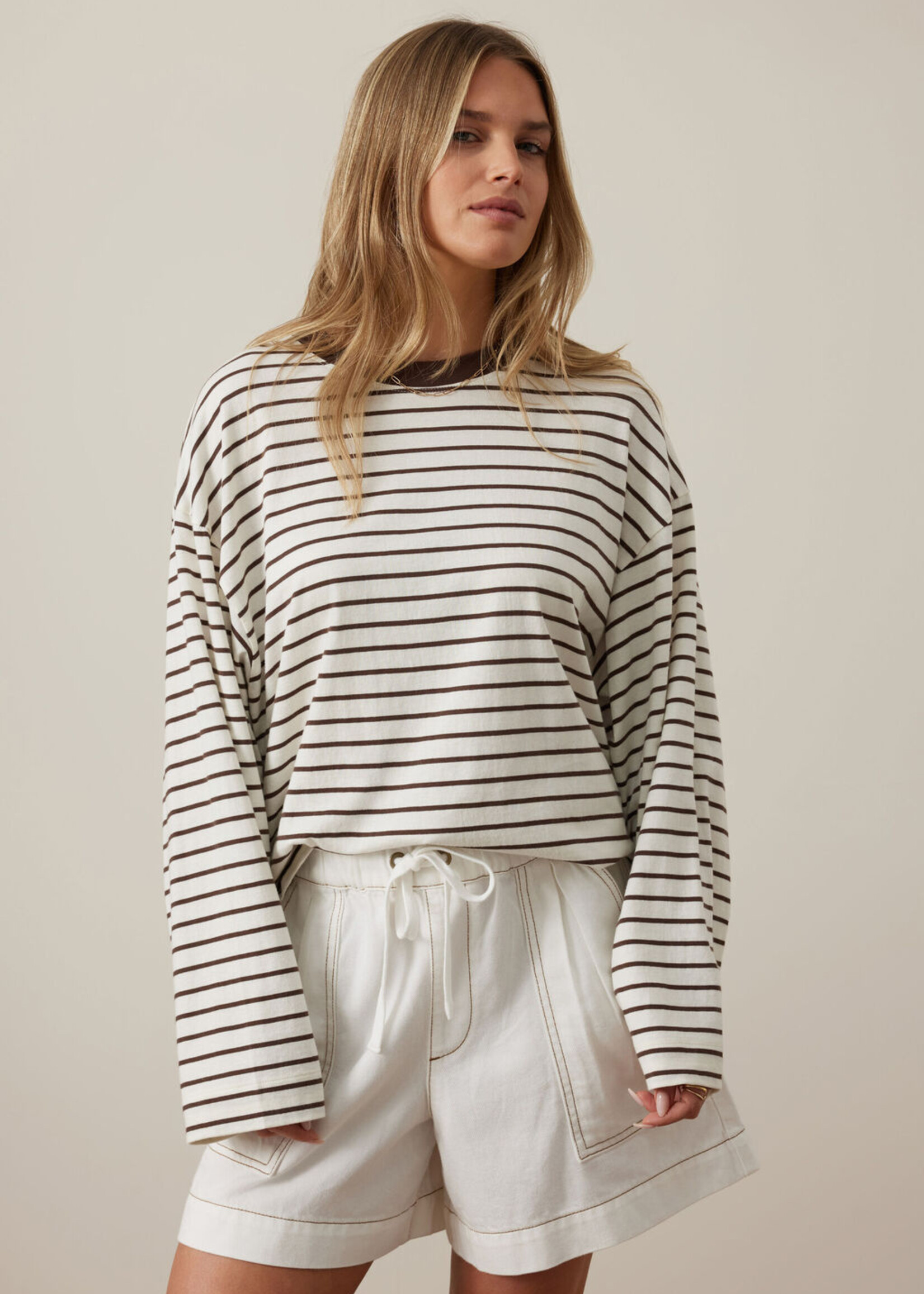 Ceres Life Beau Long Sleeve Slouchy Tee - Milk/Brunette Brown Stripe