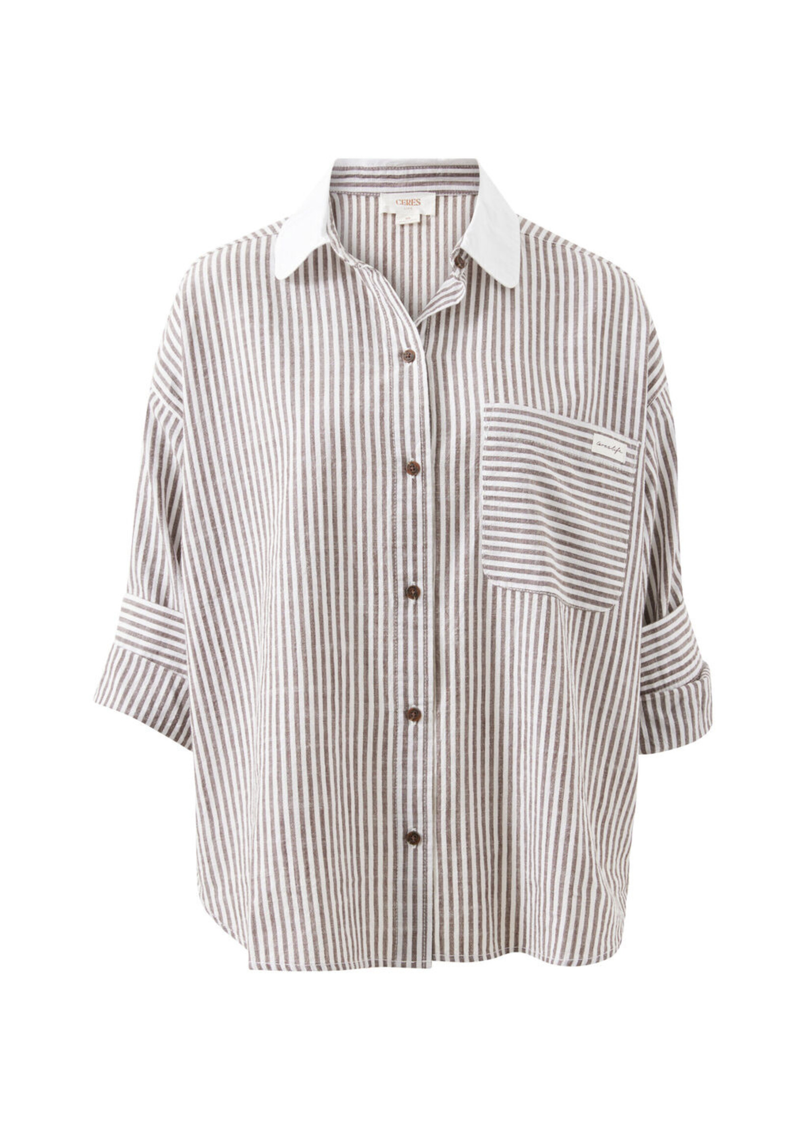 Ceres Life Miya Shirt - Brown White Small Stripe